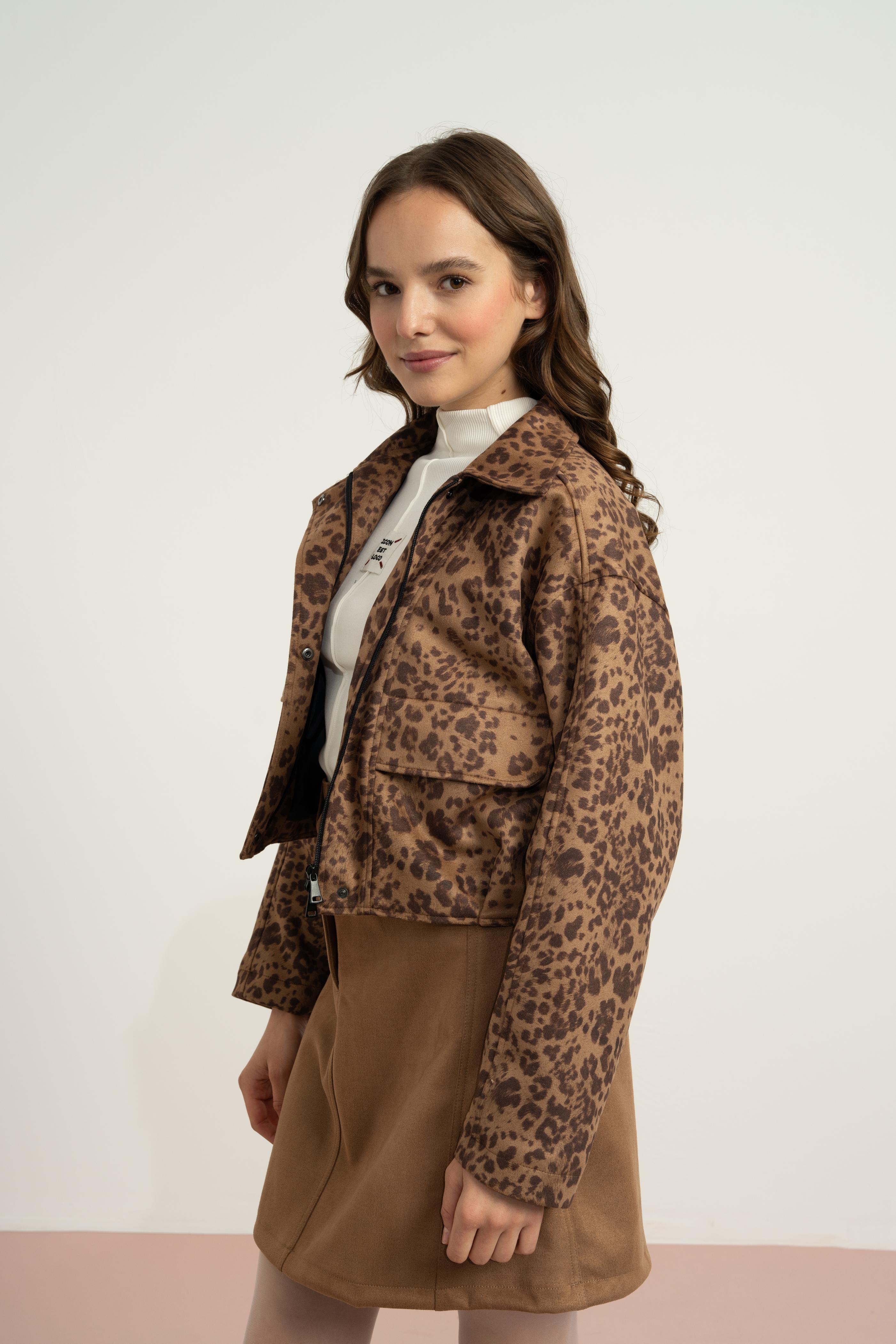 LOCO LOCO Leopar Süet Kız Ceket - Vizon