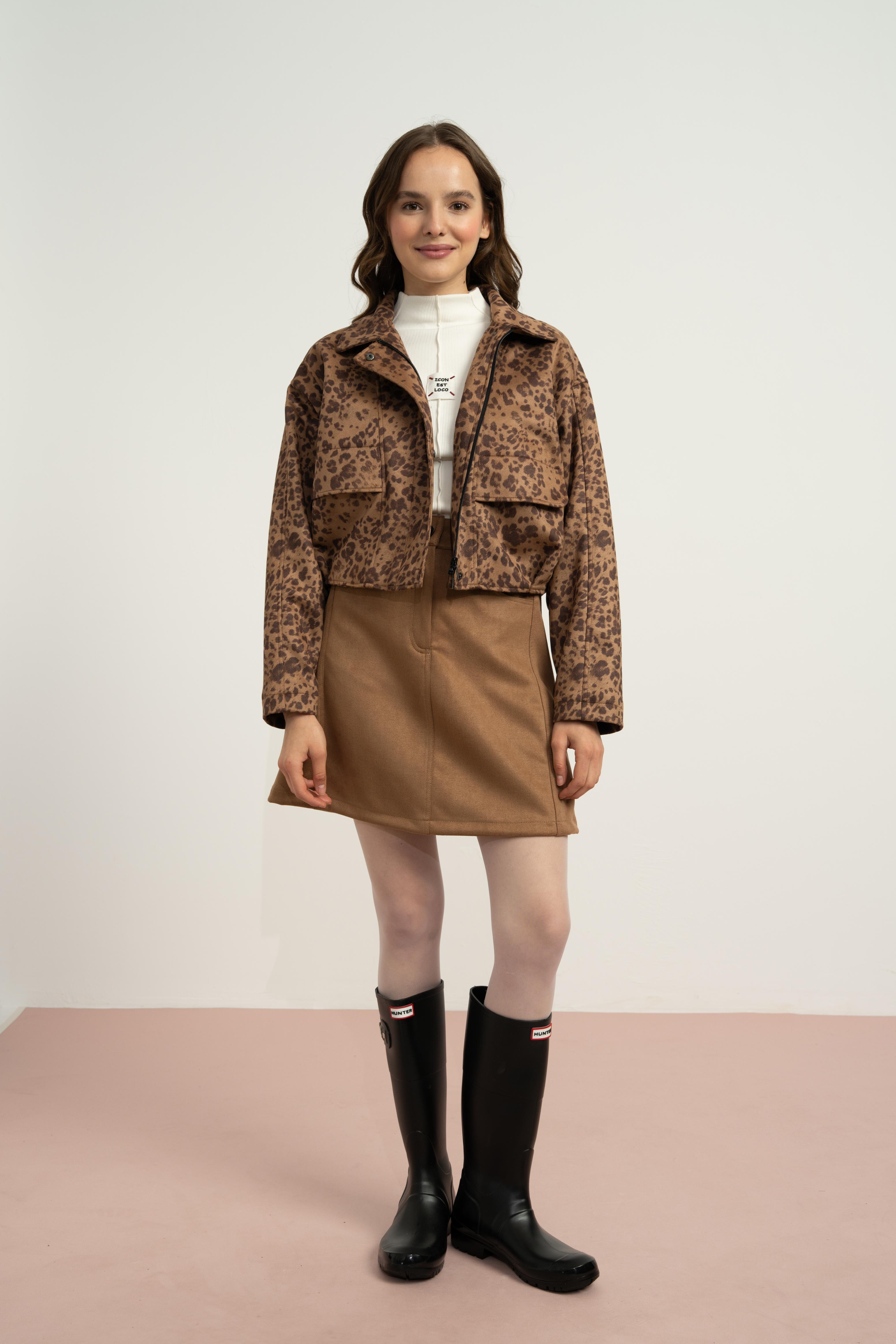 LOCO LOCO Leopar Süet Kız Ceket - Vizon