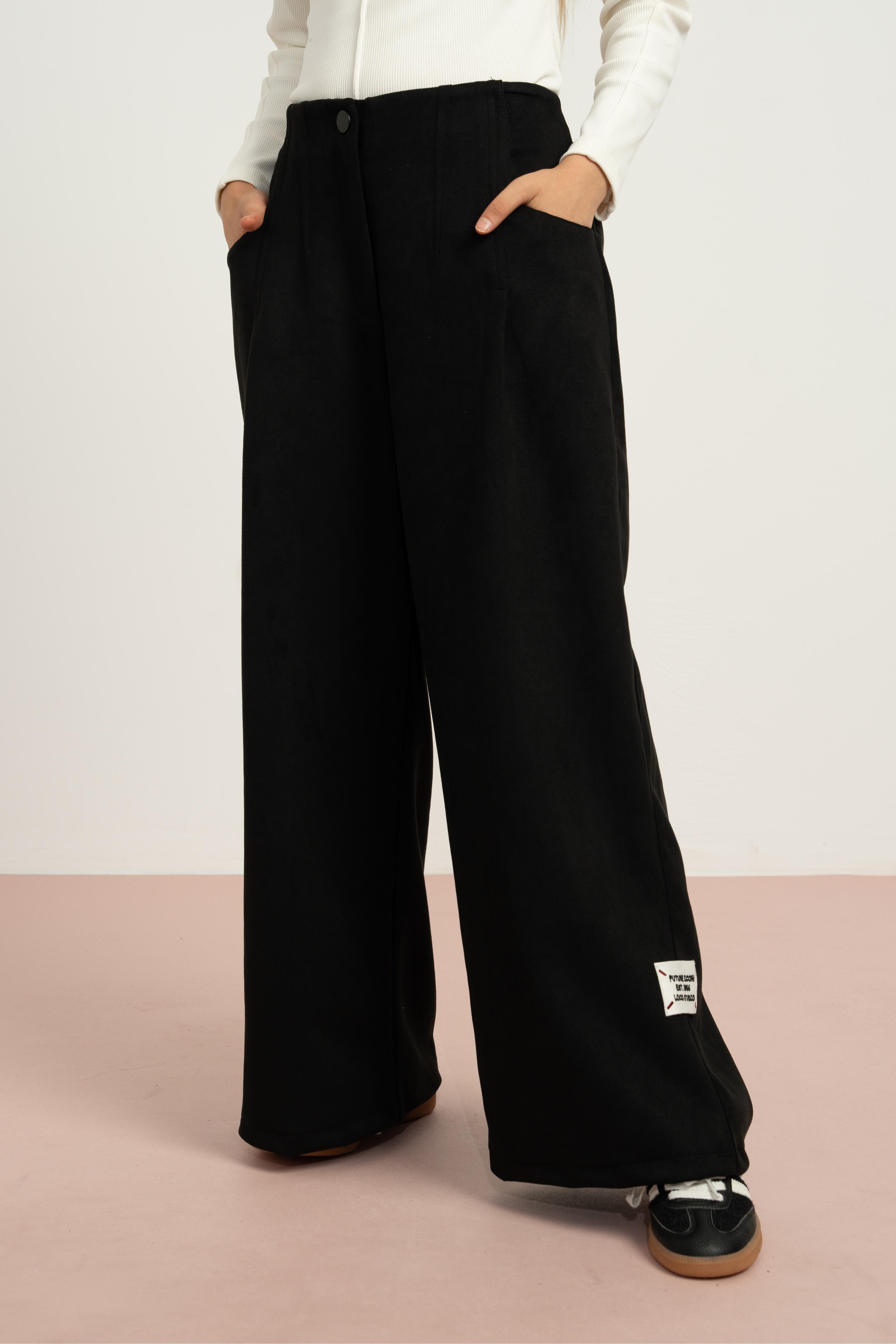 LOCO LOCO Süet Geniş Paça Pantolon - Siyah