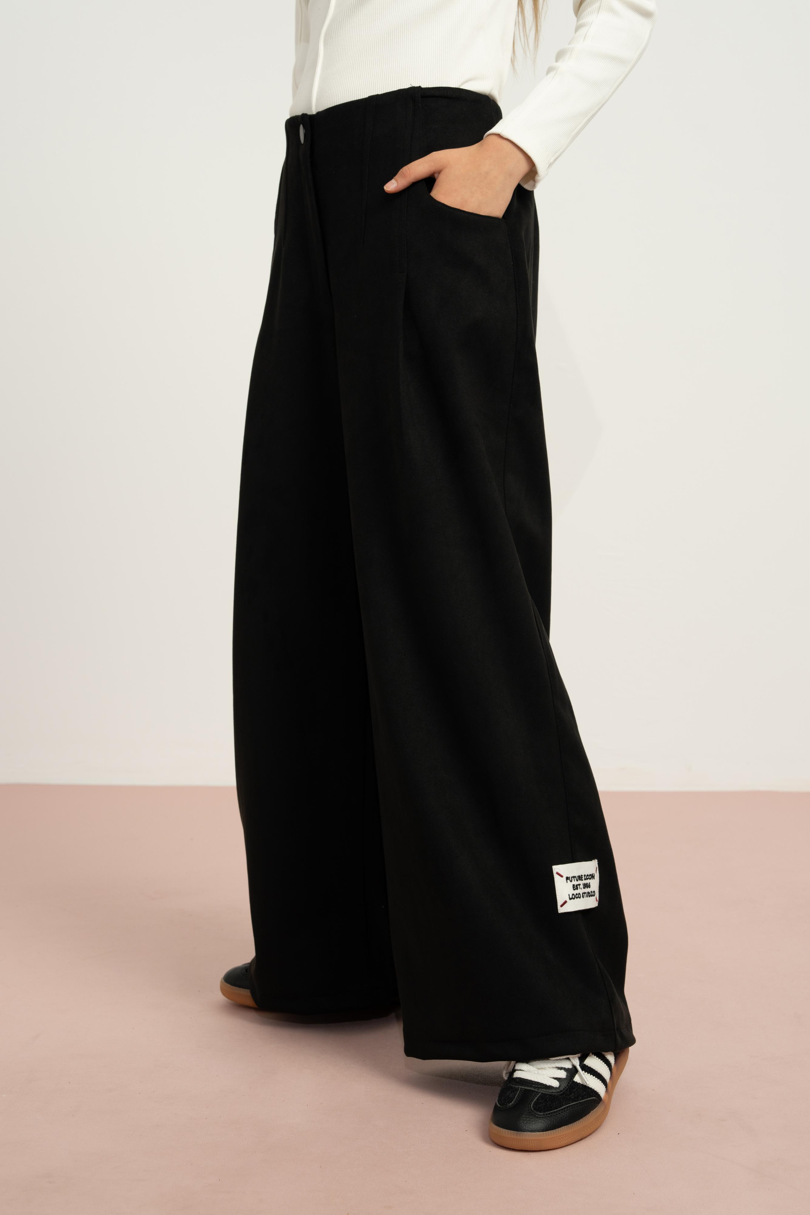 LOCO LOCO Süet Geniş Paça Pantolon - Siyah