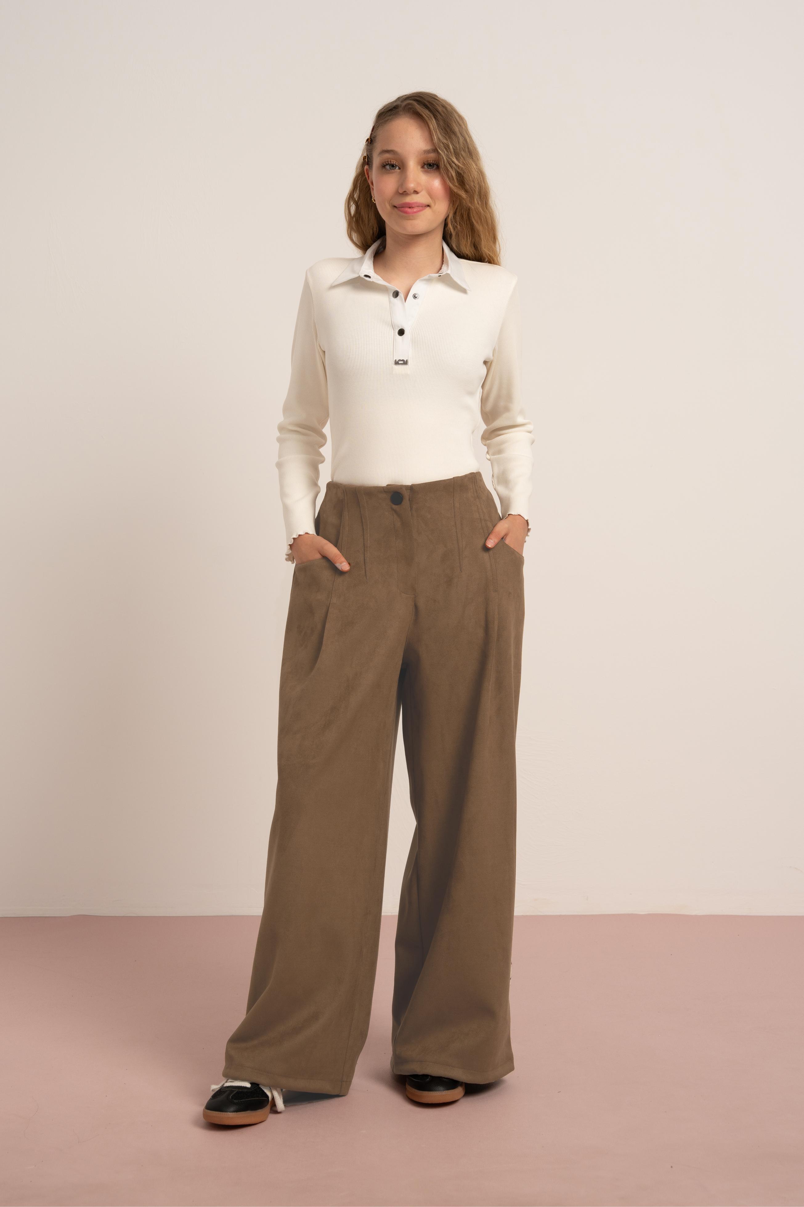 LOCO LOCO Süet Geniş Paça Pantolon - Vizon