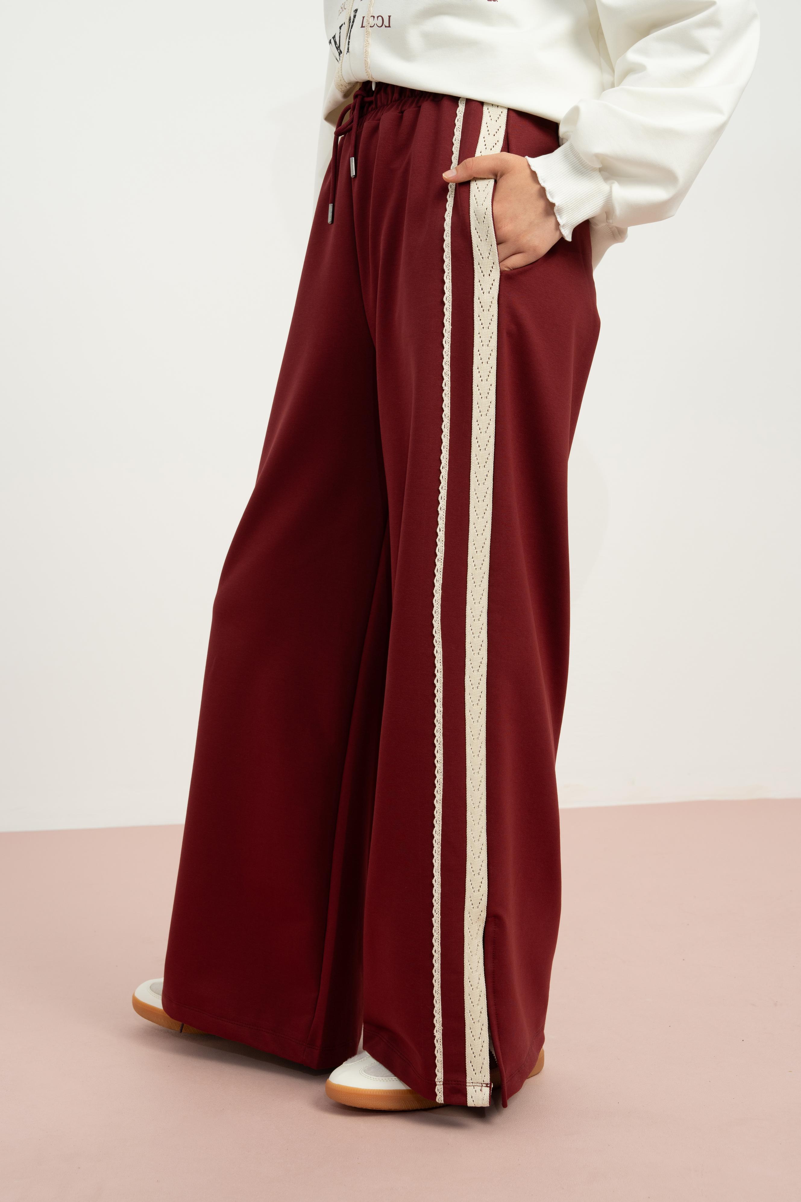 LOCO LOCO Yanları Dantelli Pantolon - Bordo