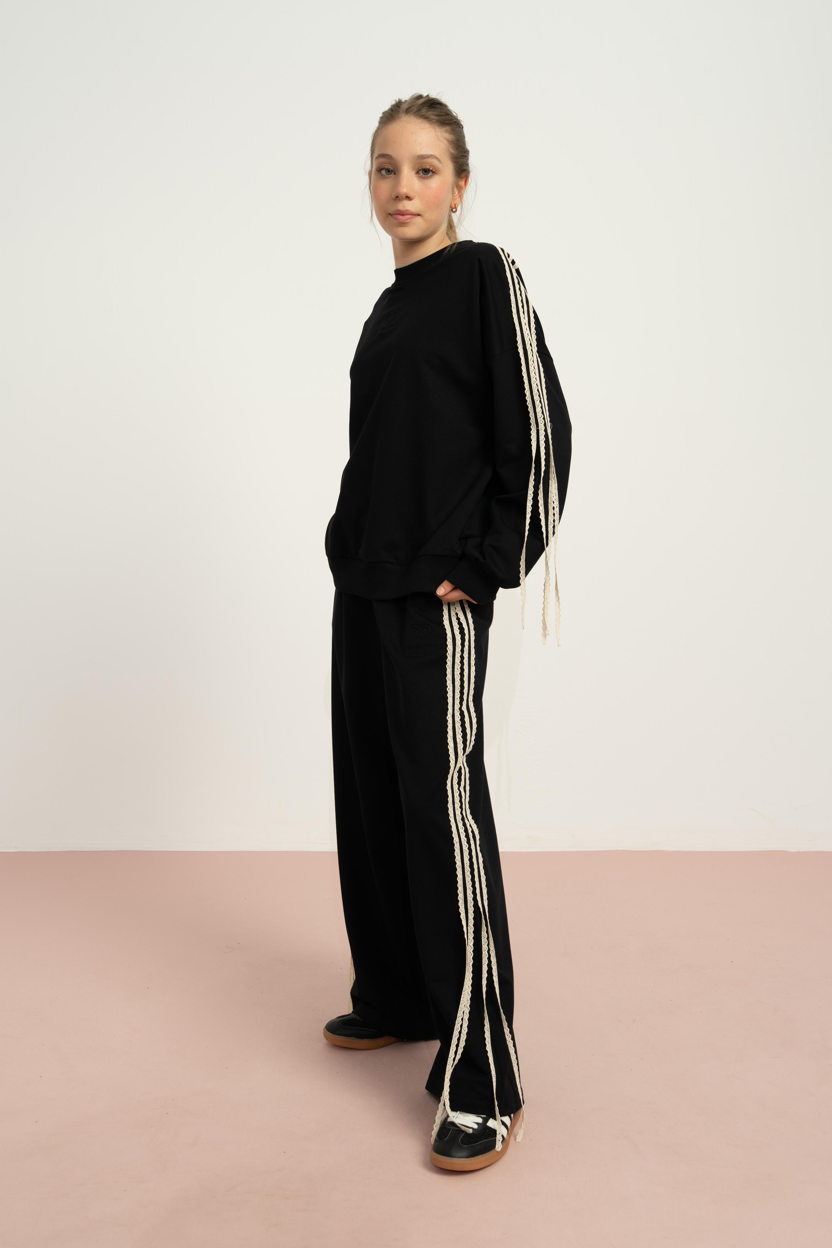 LOCO LOCO Yanları Dantelli Pantolon Takım - Siyah