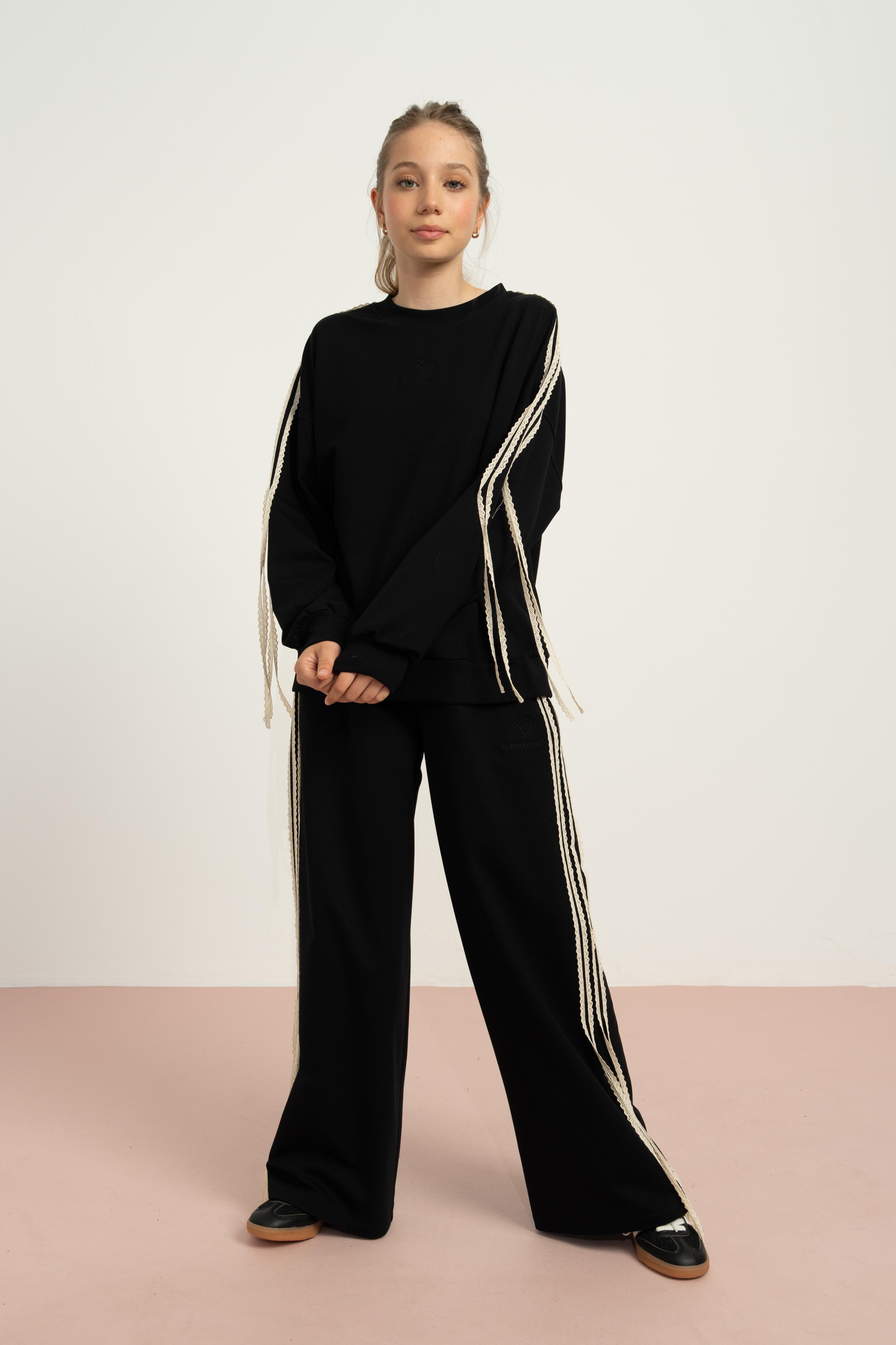 LOCO LOCO Yanları Dantelli Pantolon Takım - Siyah