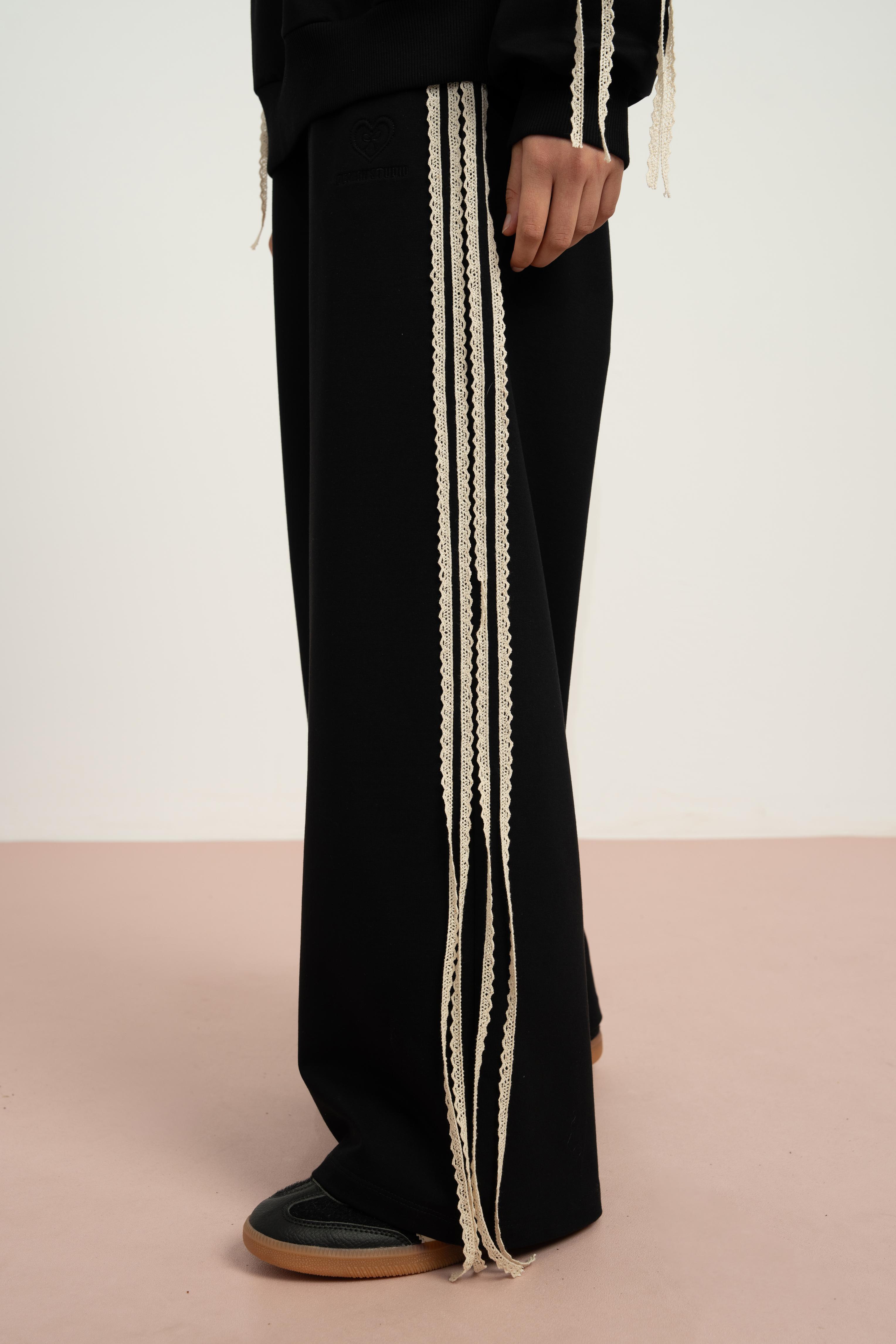 LOCO LOCO Yanları Dantelli Pantolon Takım - Siyah