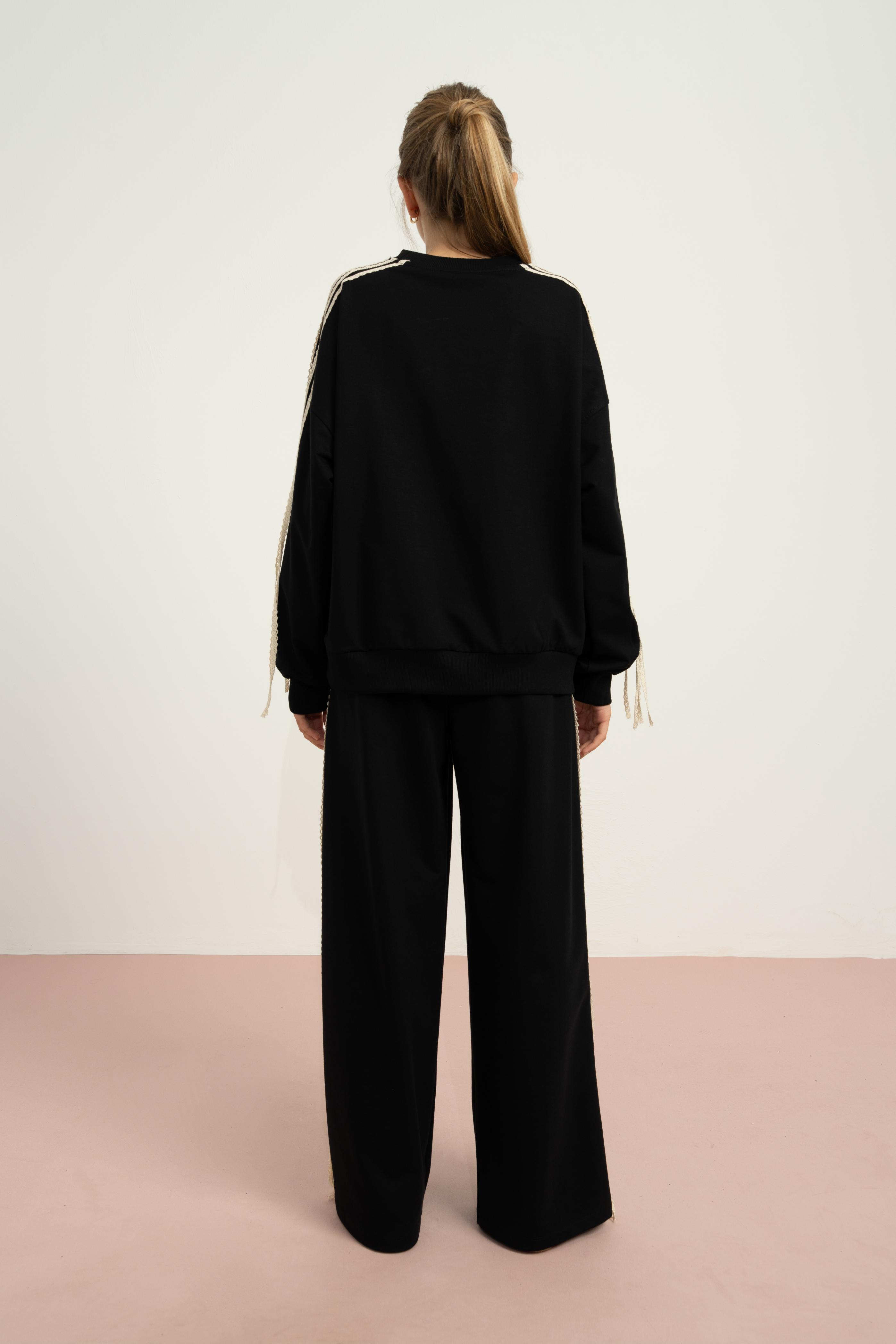 LOCO LOCO Yanları Dantelli Pantolon Takım - Siyah