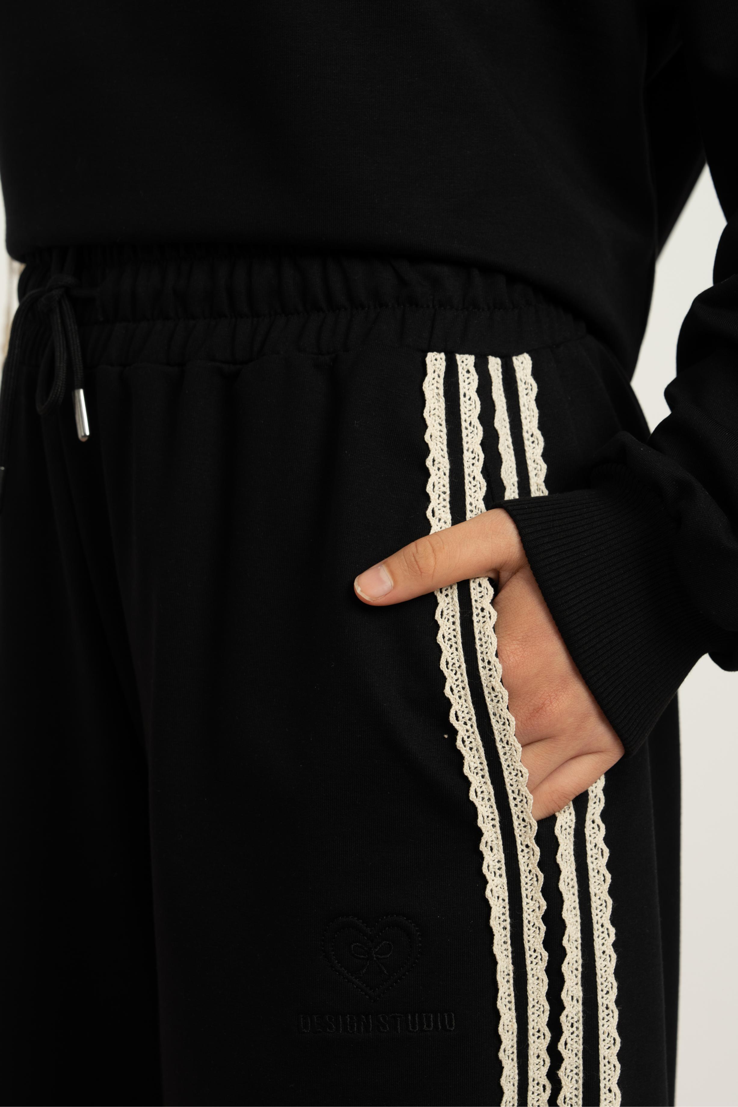 LOCO LOCO Yanları Dantelli Pantolon Takım - Siyah