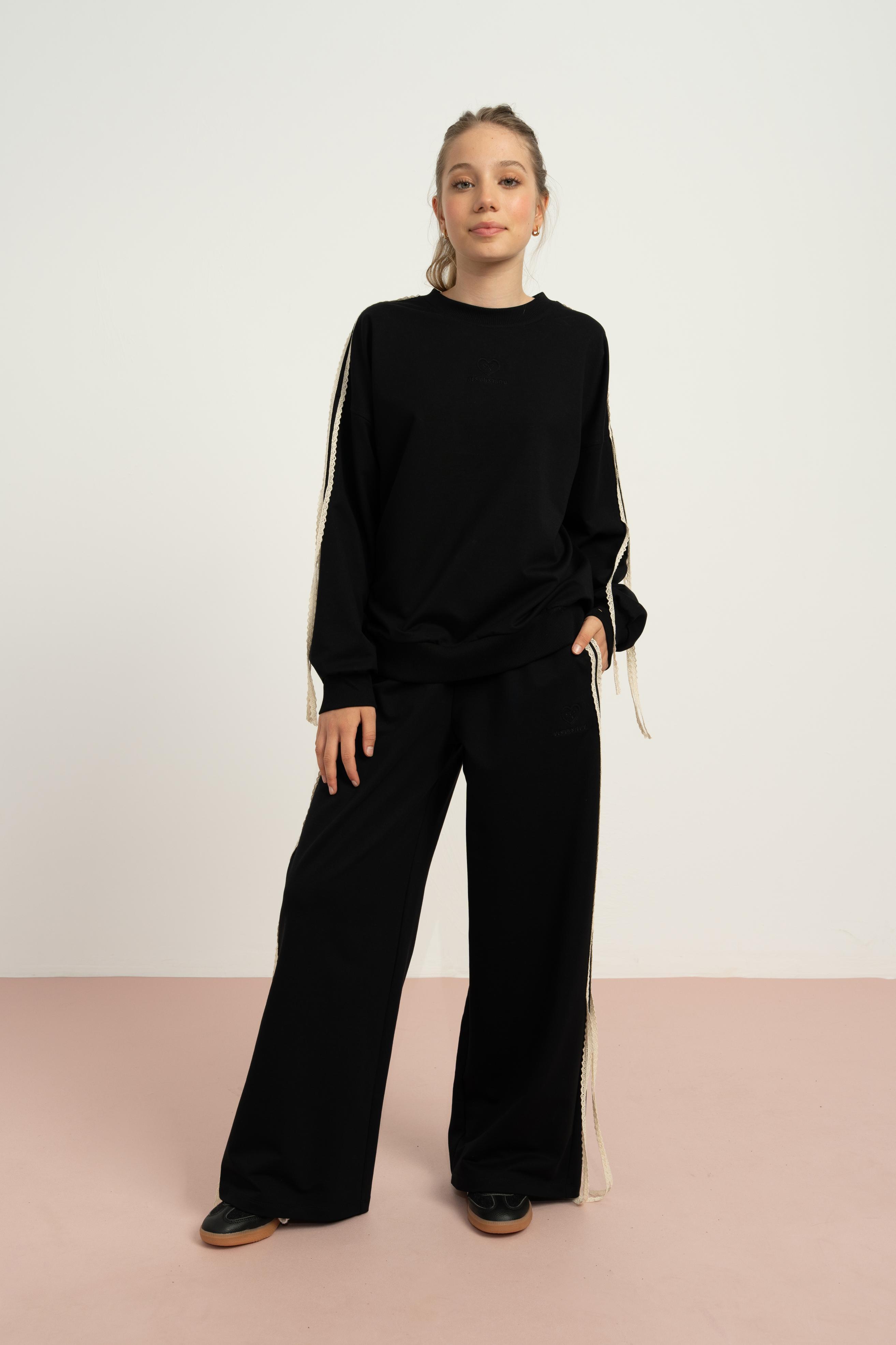 LOCO LOCO Yanları Dantelli Pantolon Takım - Siyah