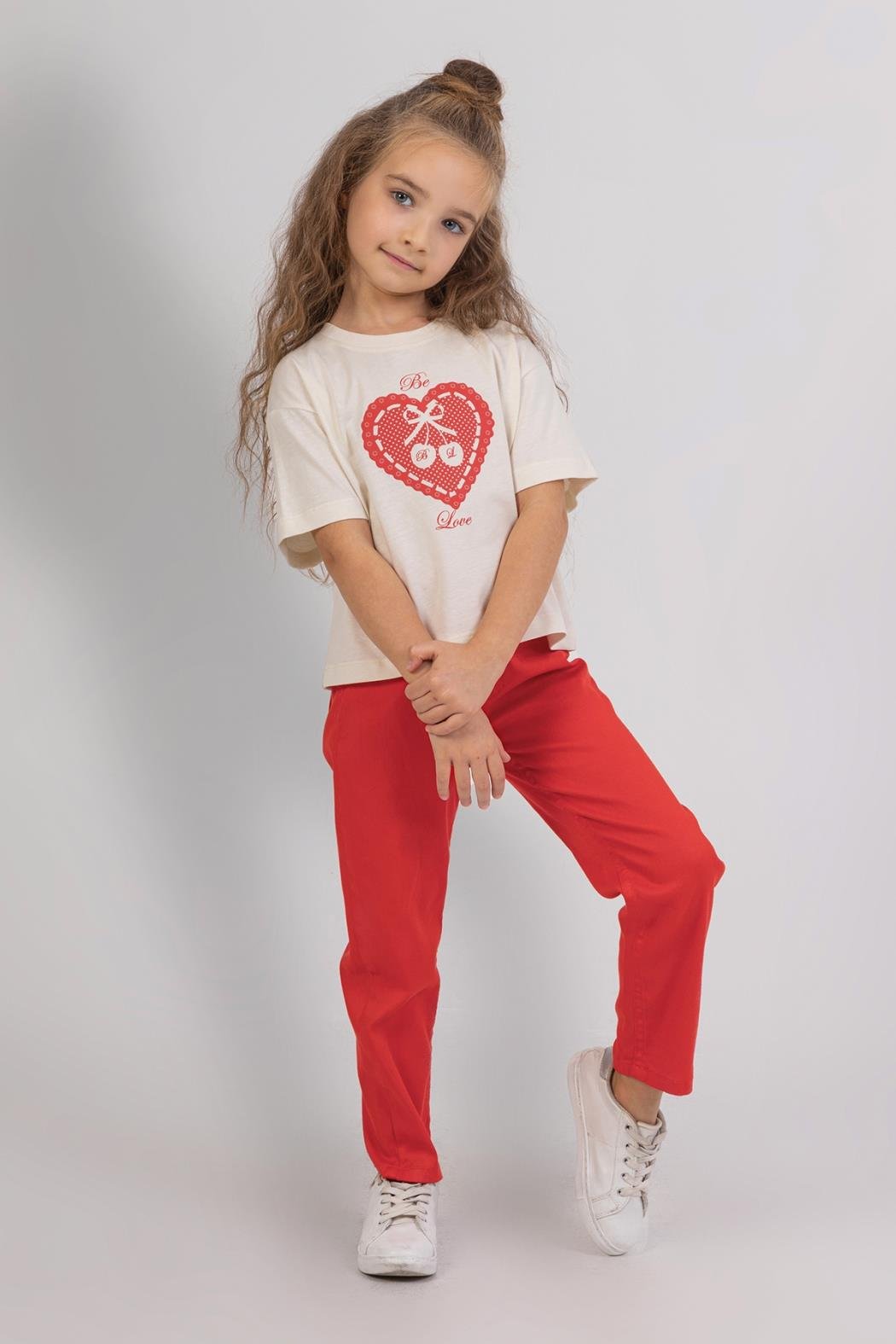 Love Baskılı Kız Tshirt - Ekru