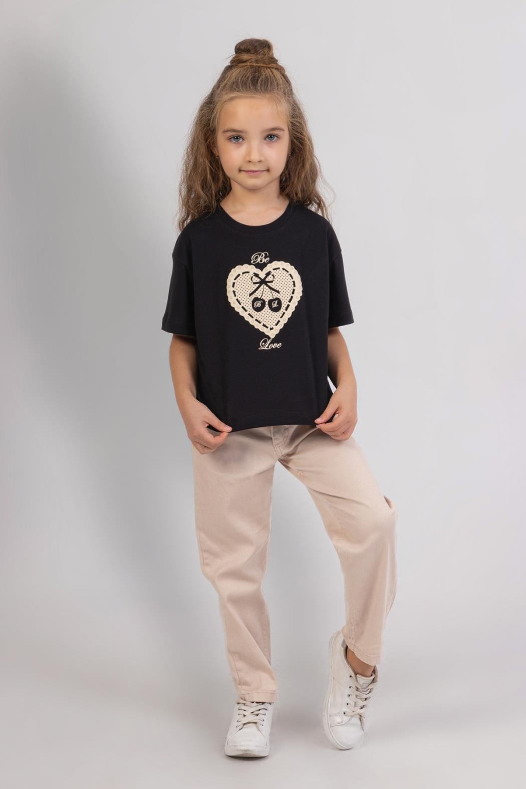 Love Baskılı Kız Tshirt - Siyah