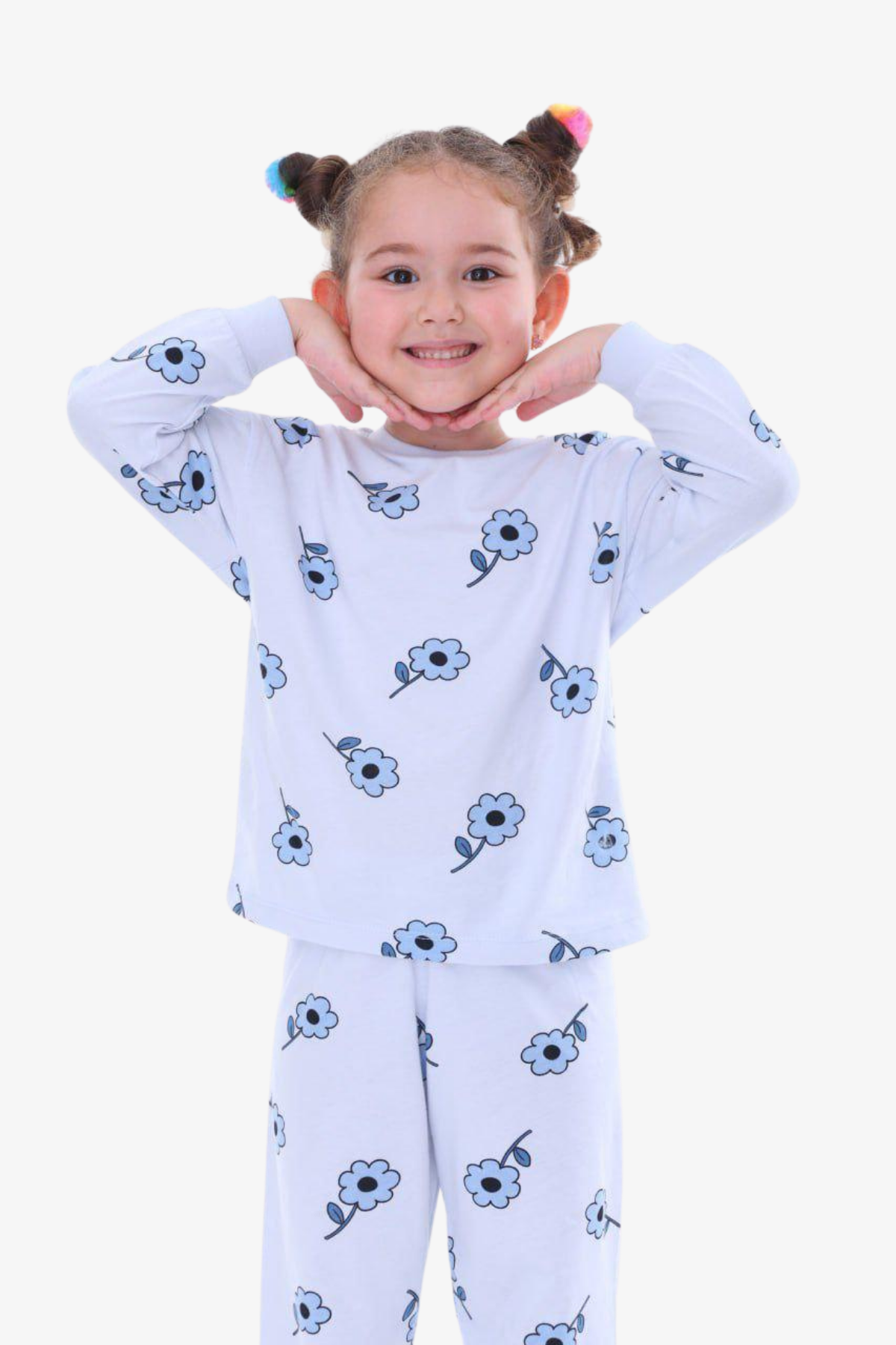 Mavi Çiçekli Kız Pijama Takımı - Mavi