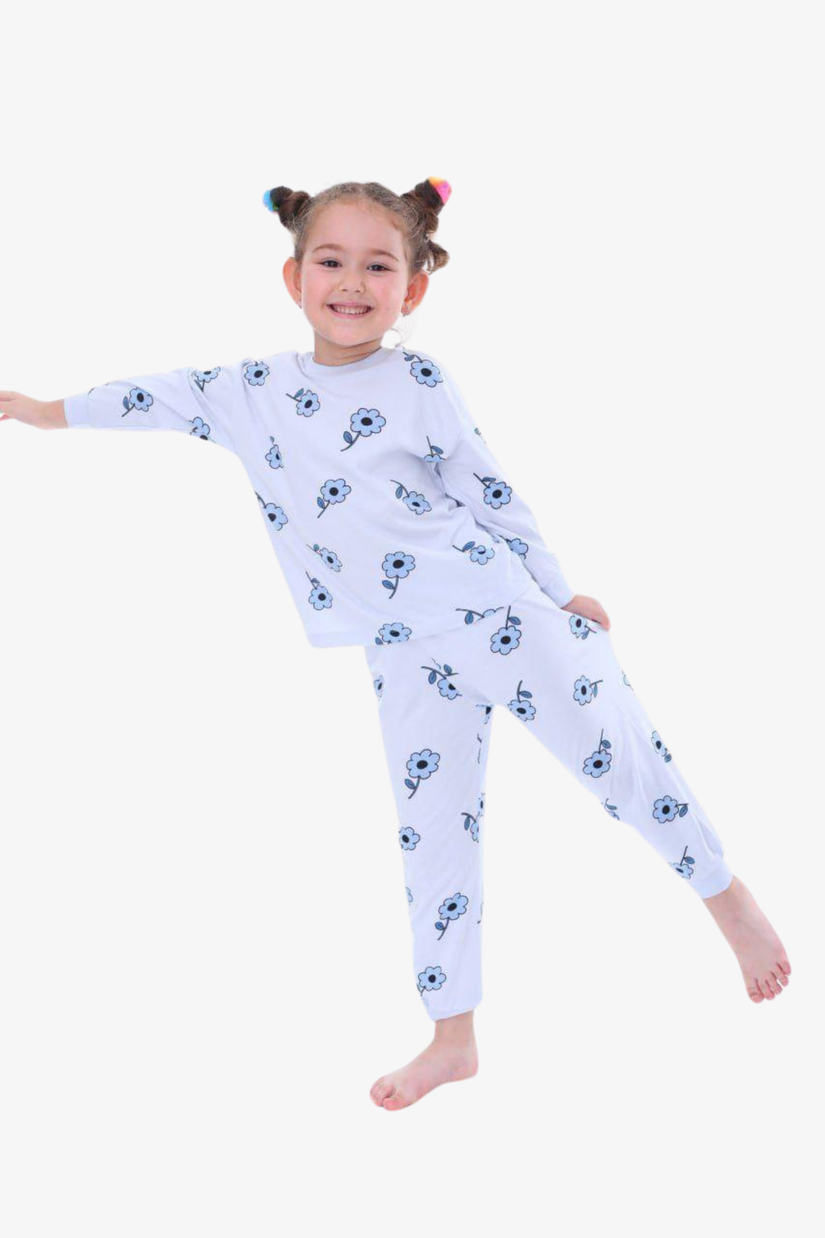Mavi Çiçekli Kız Pijama Takımı - Mavi
