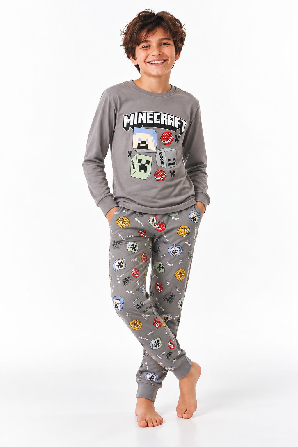 Minecraftlı Erkek Pijama Takımı - Gri