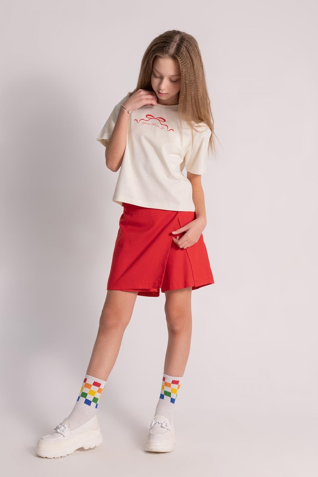 Önden Düğmeli Kız Şort Etek - Kırmızı