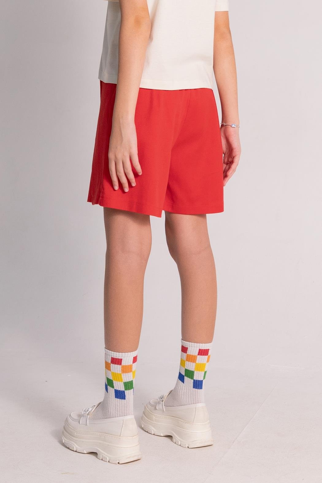 Önden Düğmeli Kız Şort Etek - Kırmızı