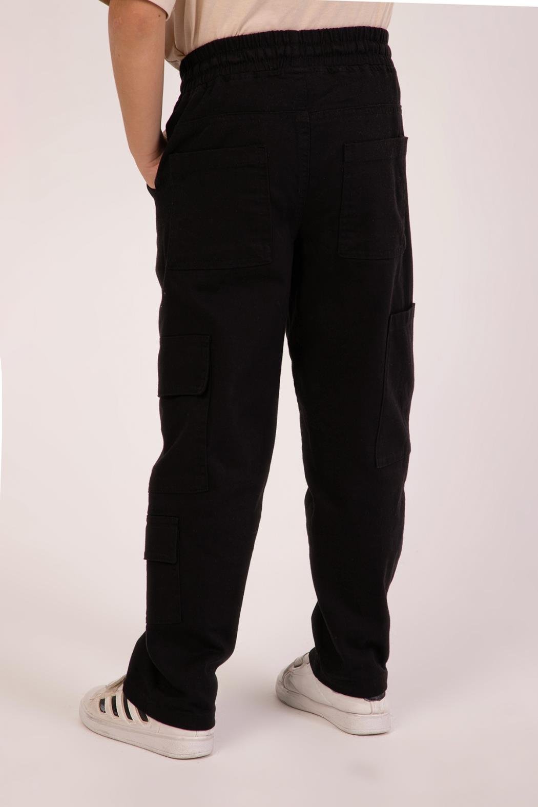 Paçaları Cepli Erkek Çocuk Pantolon - Siyah