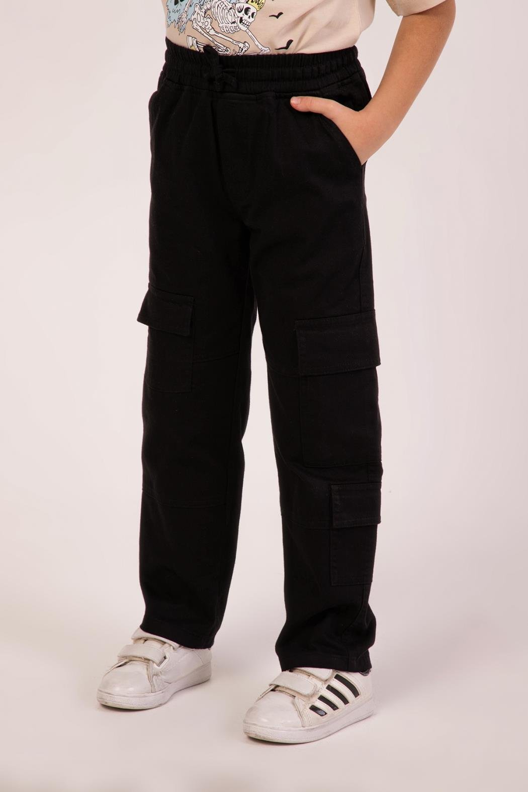 Paçaları Cepli Erkek Çocuk Pantolon - Siyah