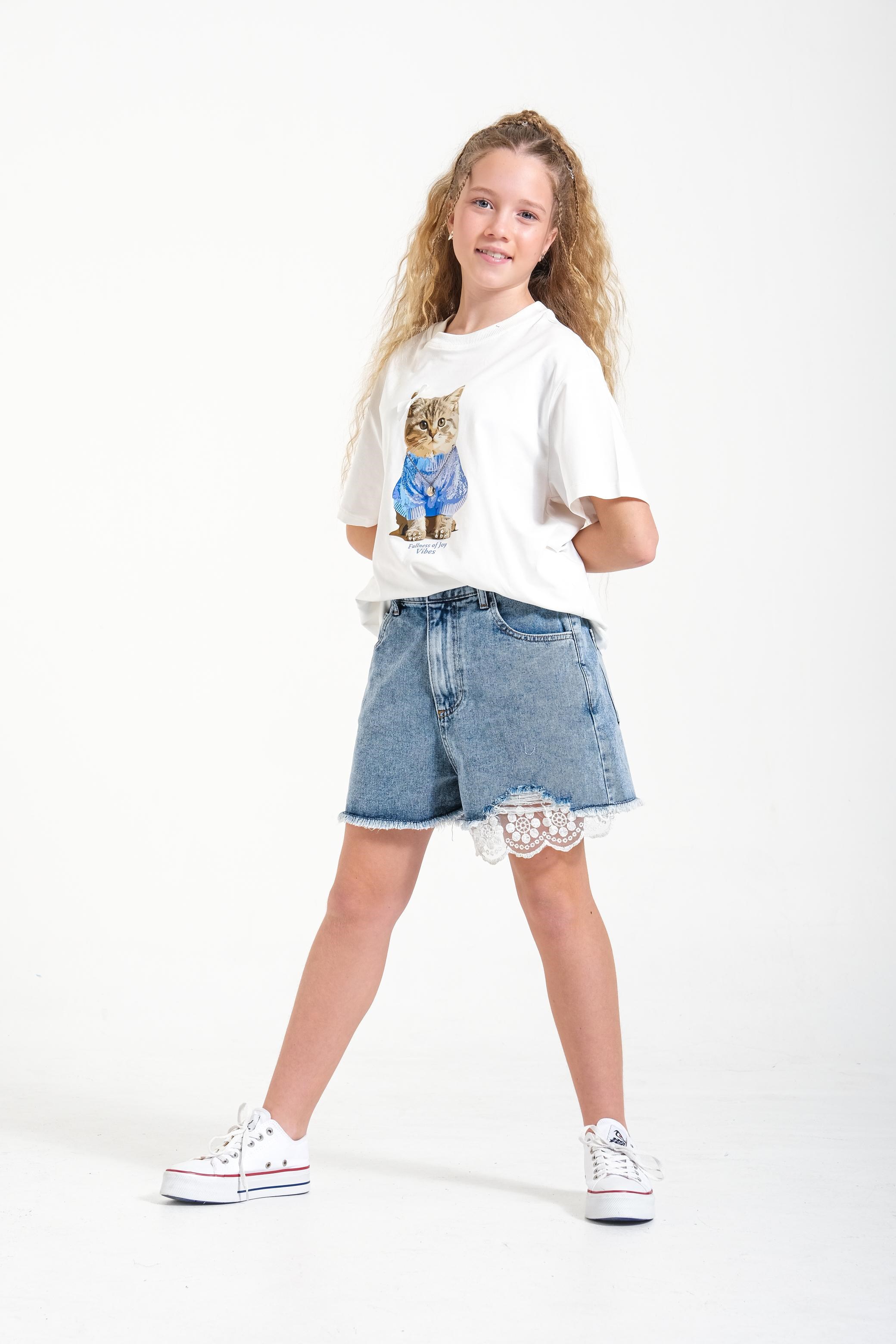 Paçası İşlemeli Kız Şort - Mavi