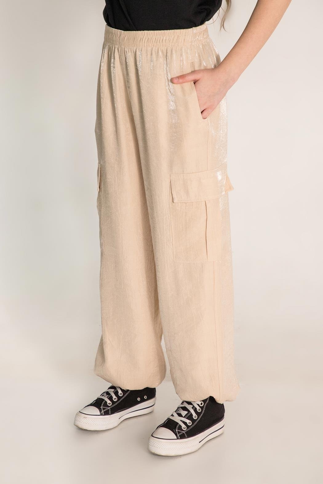 Parlak Kargo Cep Pantolon - Bej