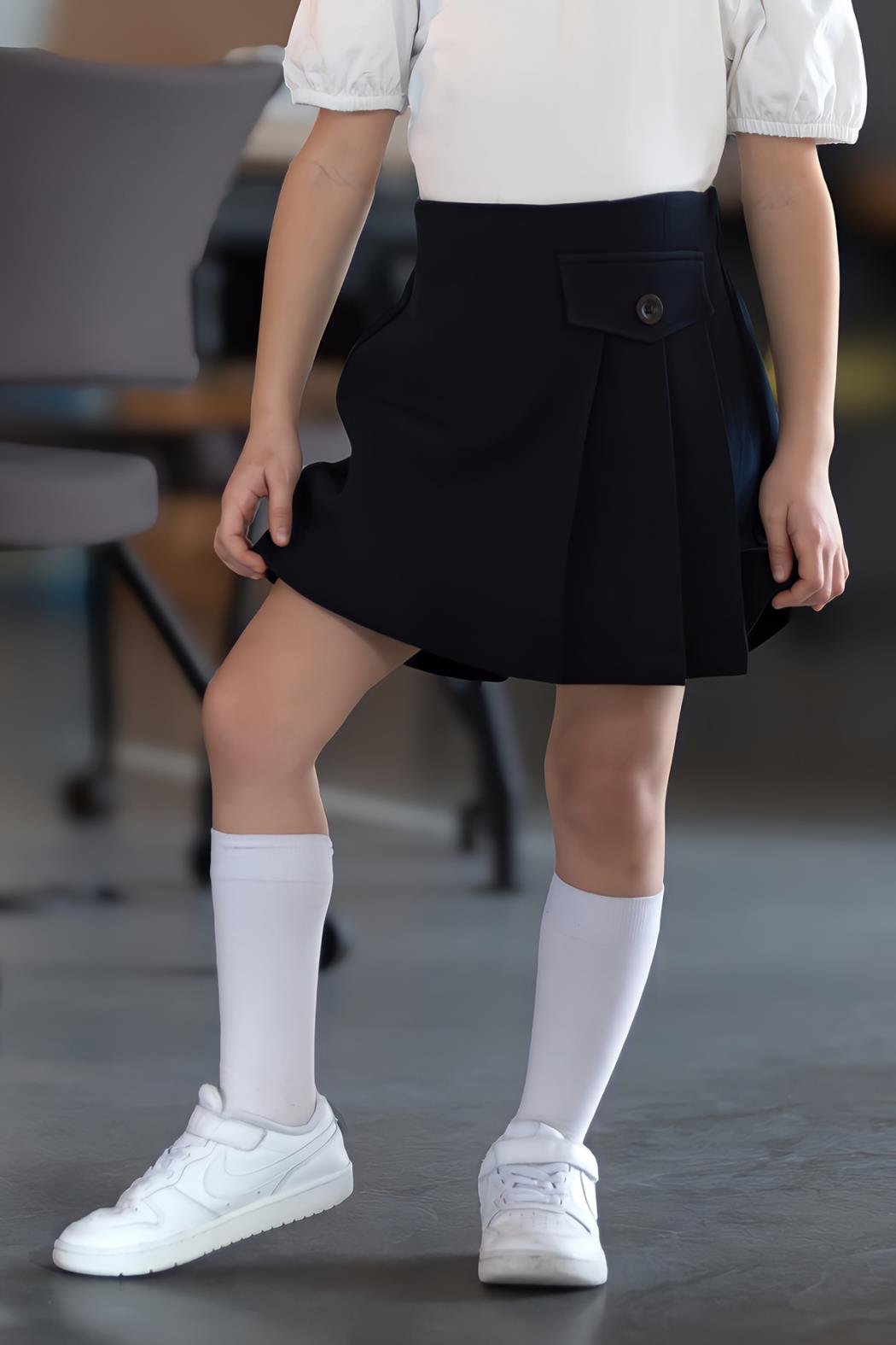 Pileli Şort Etek - Lacivert