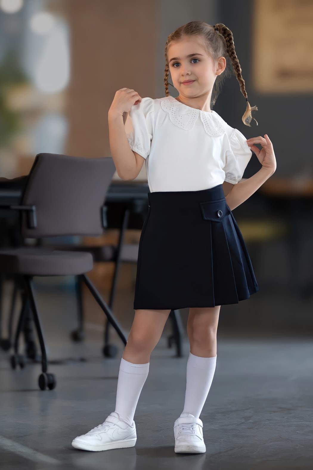 Pileli Şort Etek - Lacivert