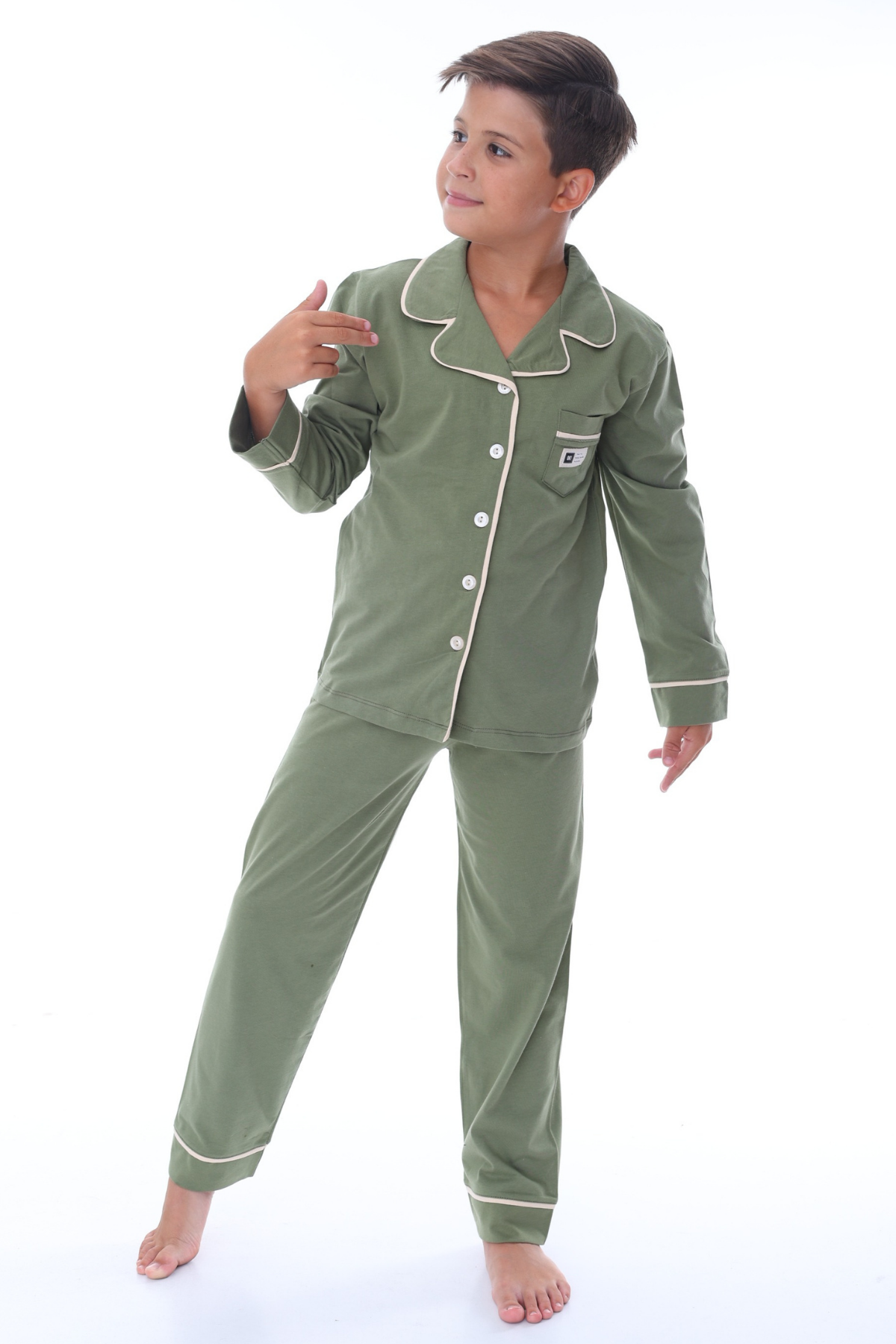 Polo Yaka Düğmeli Kız Pijama Takımı - Yeşil Haki