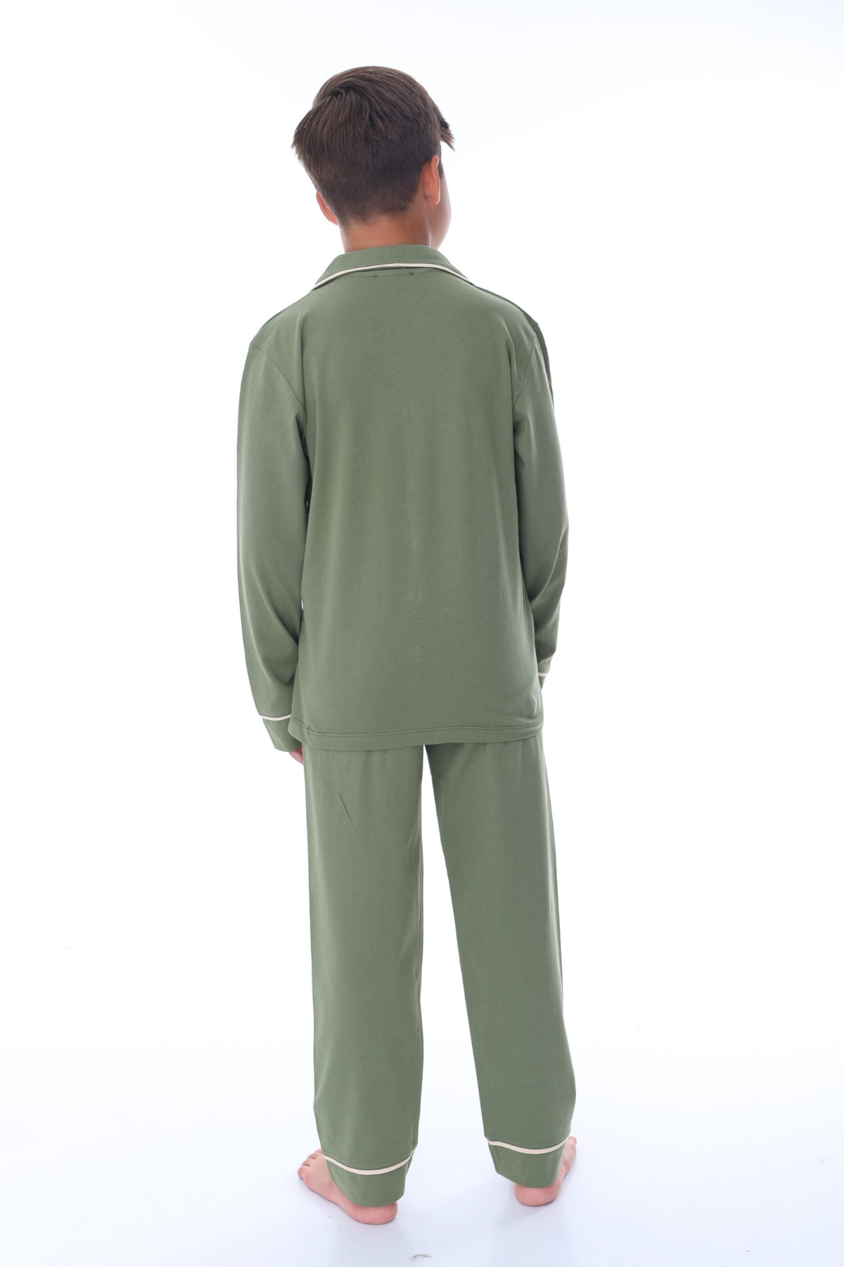 Polo Yaka Düğmeli Kız Pijama Takımı - Yeşil Haki