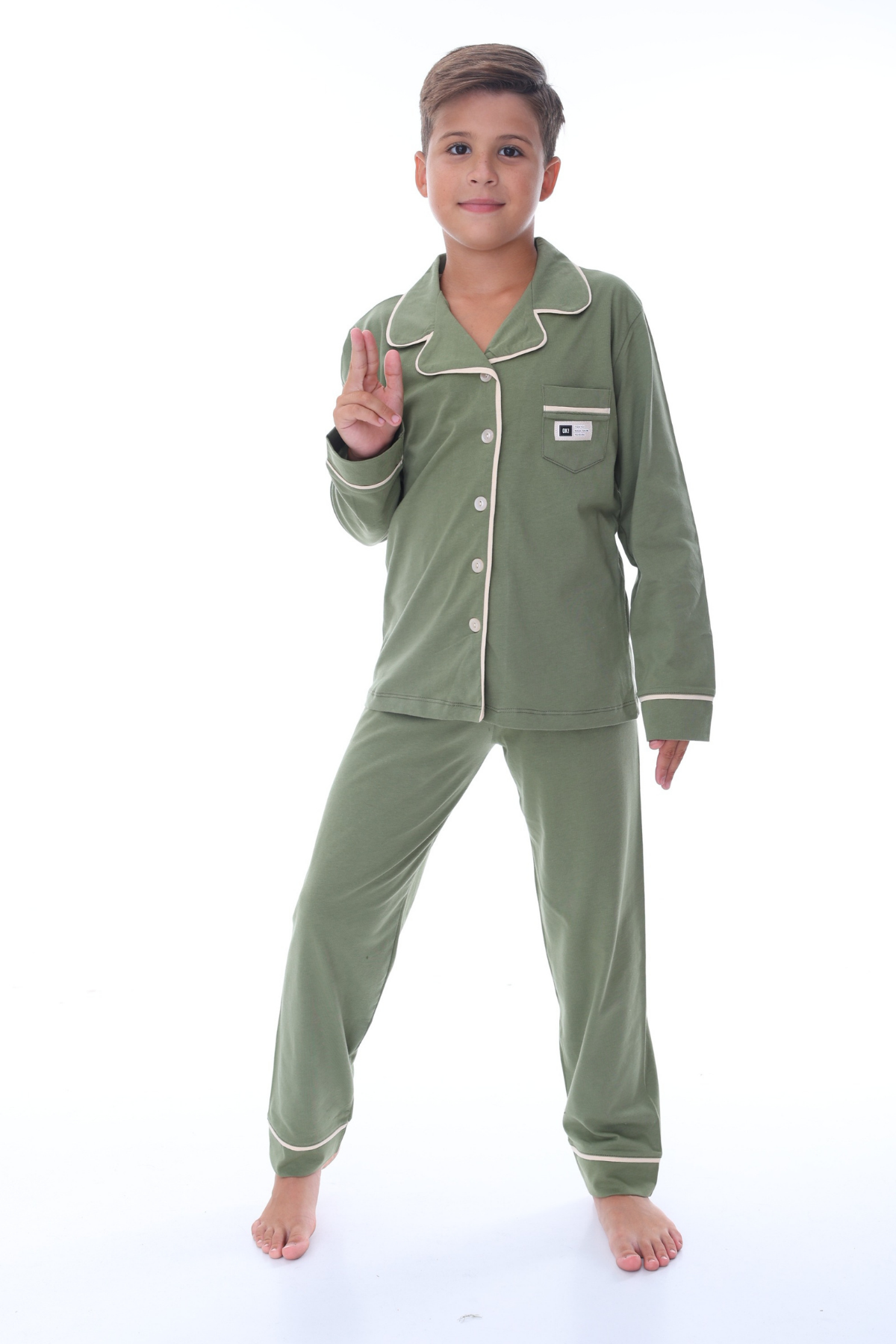 Polo Yaka Düğmeli Kız Pijama Takımı - Yeşil Haki