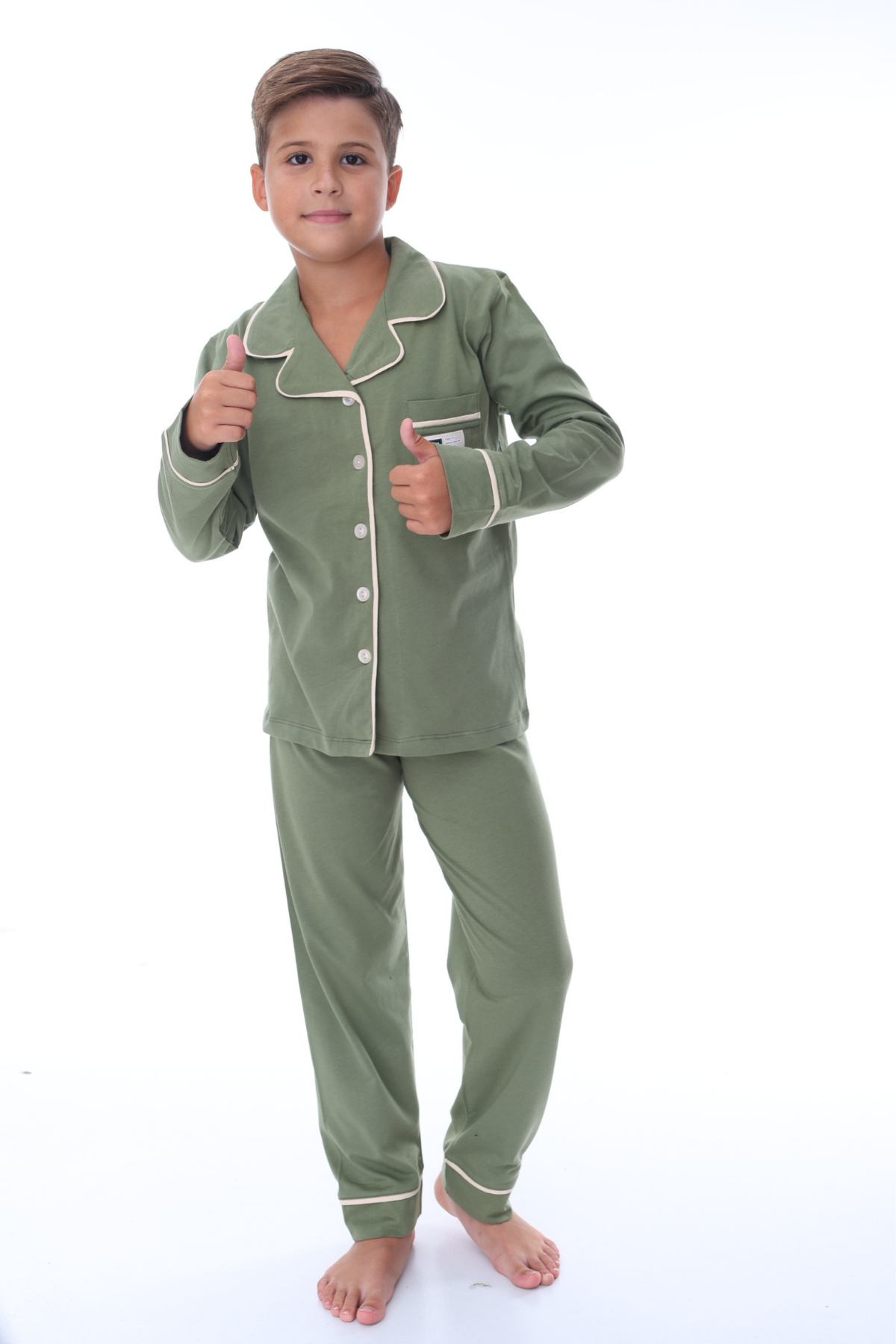 Polo Yaka Düğmeli Kız Pijama Takımı - Yeşil Haki