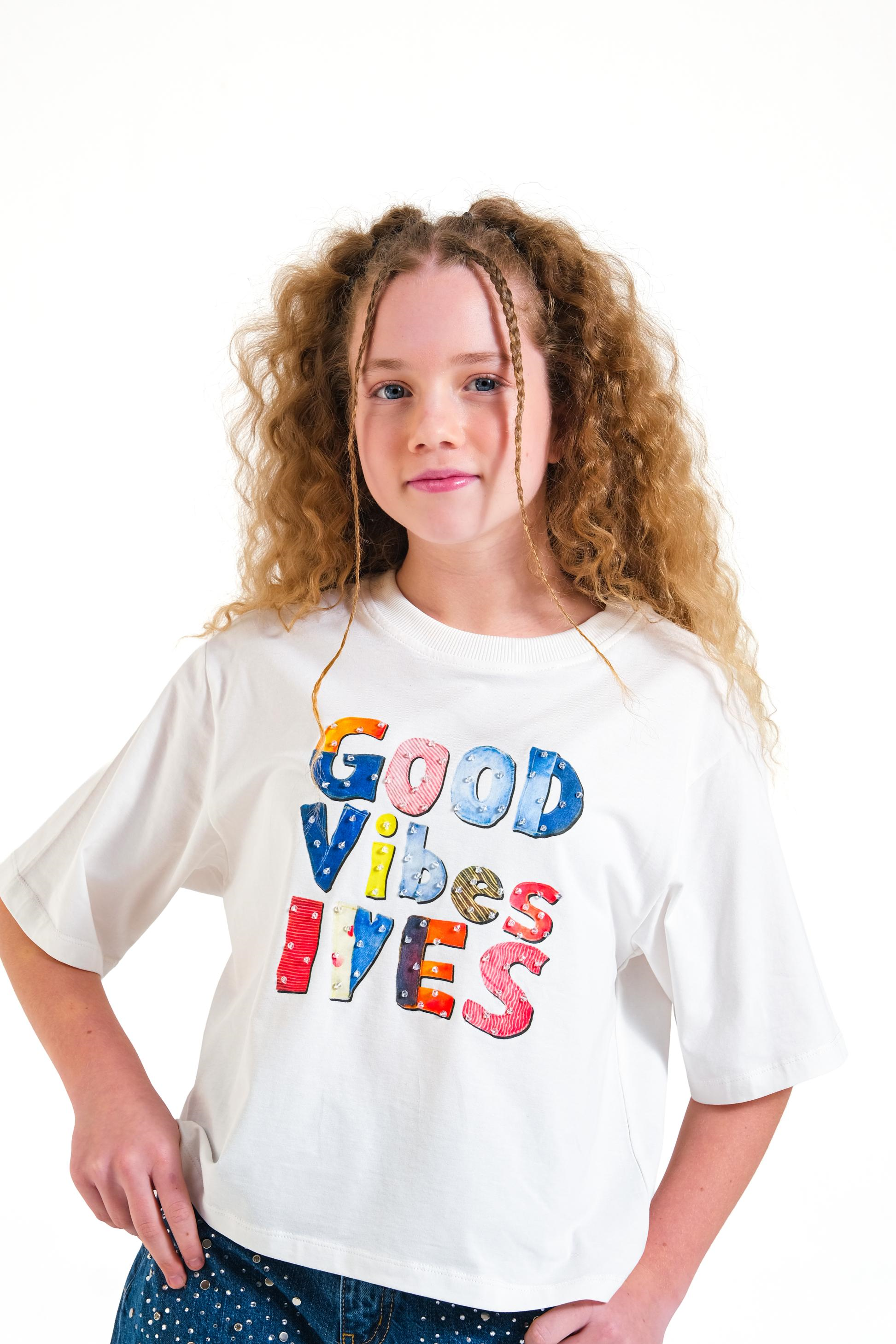 Rengarenk Good Vibes Yazılı Kız Tişört - Beyaz