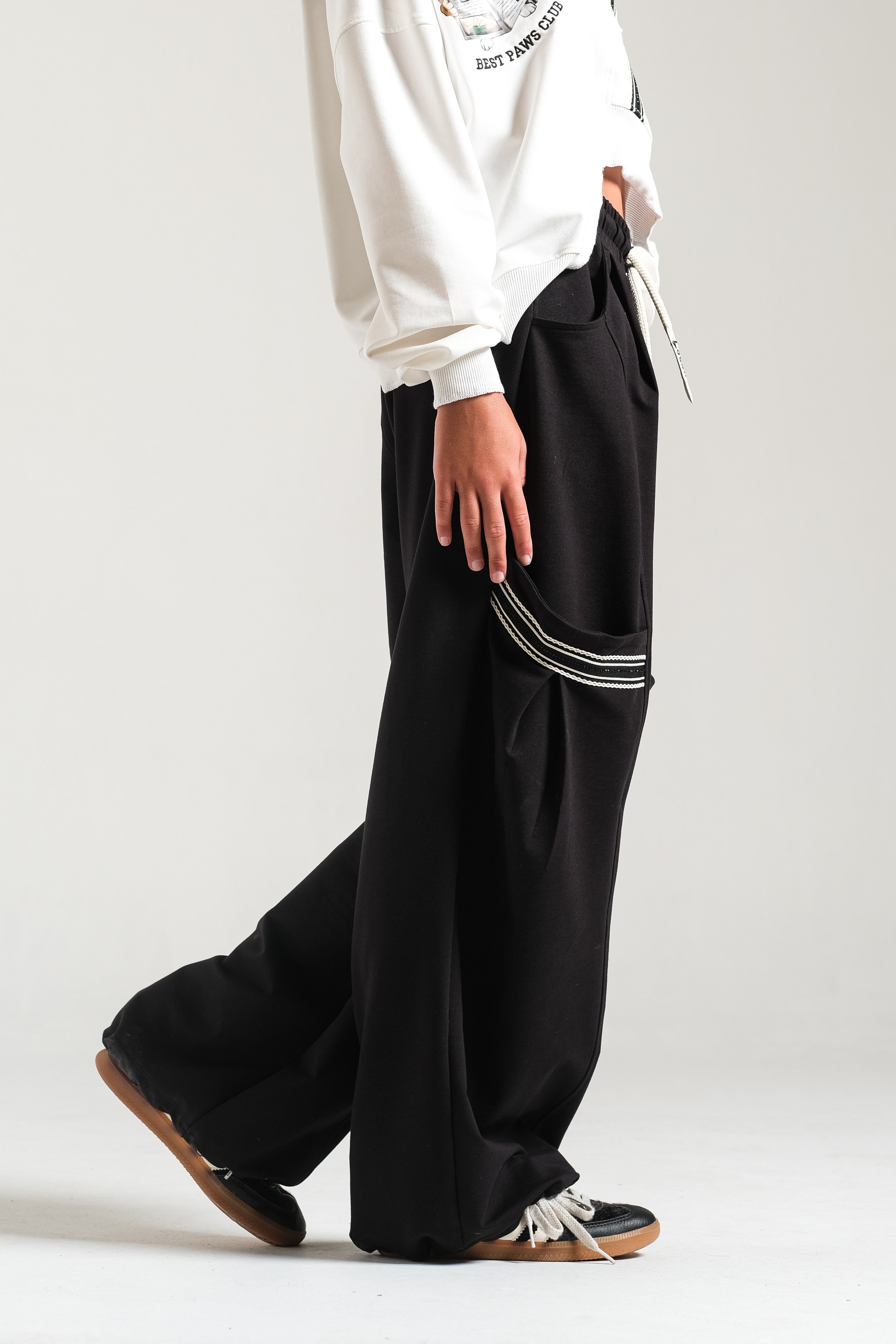 Şerit Detaylı Kız Pantolon - Siyah