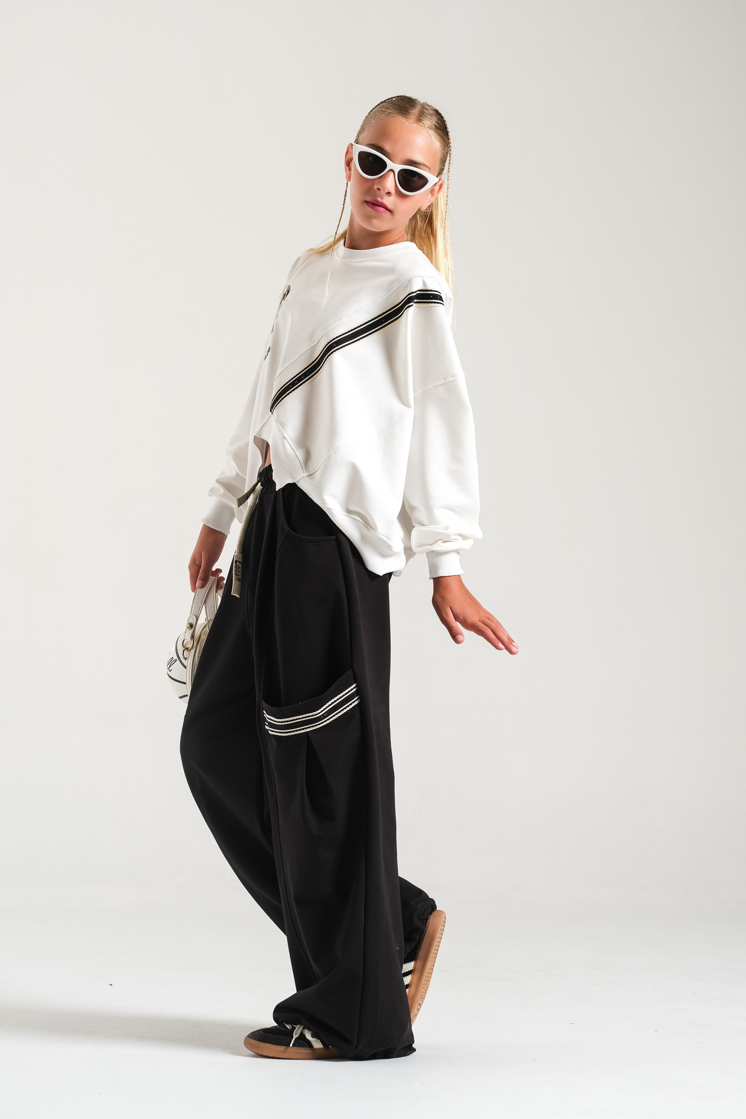 Şerit Detaylı Kız Pantolon - Siyah