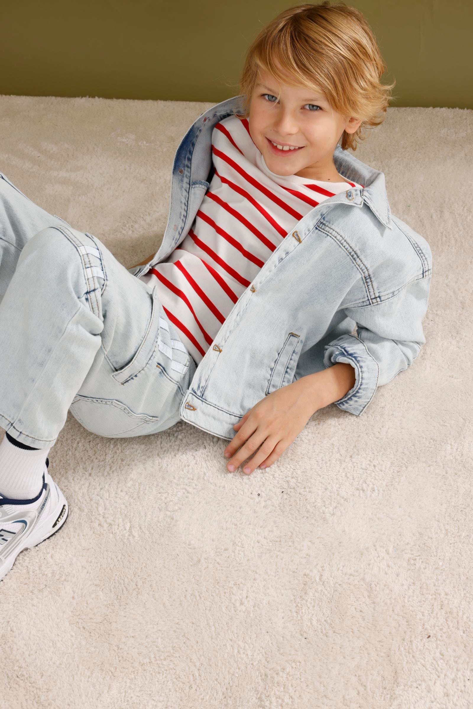 Şeritli Erkek 2'li Kot Takım - Mavi