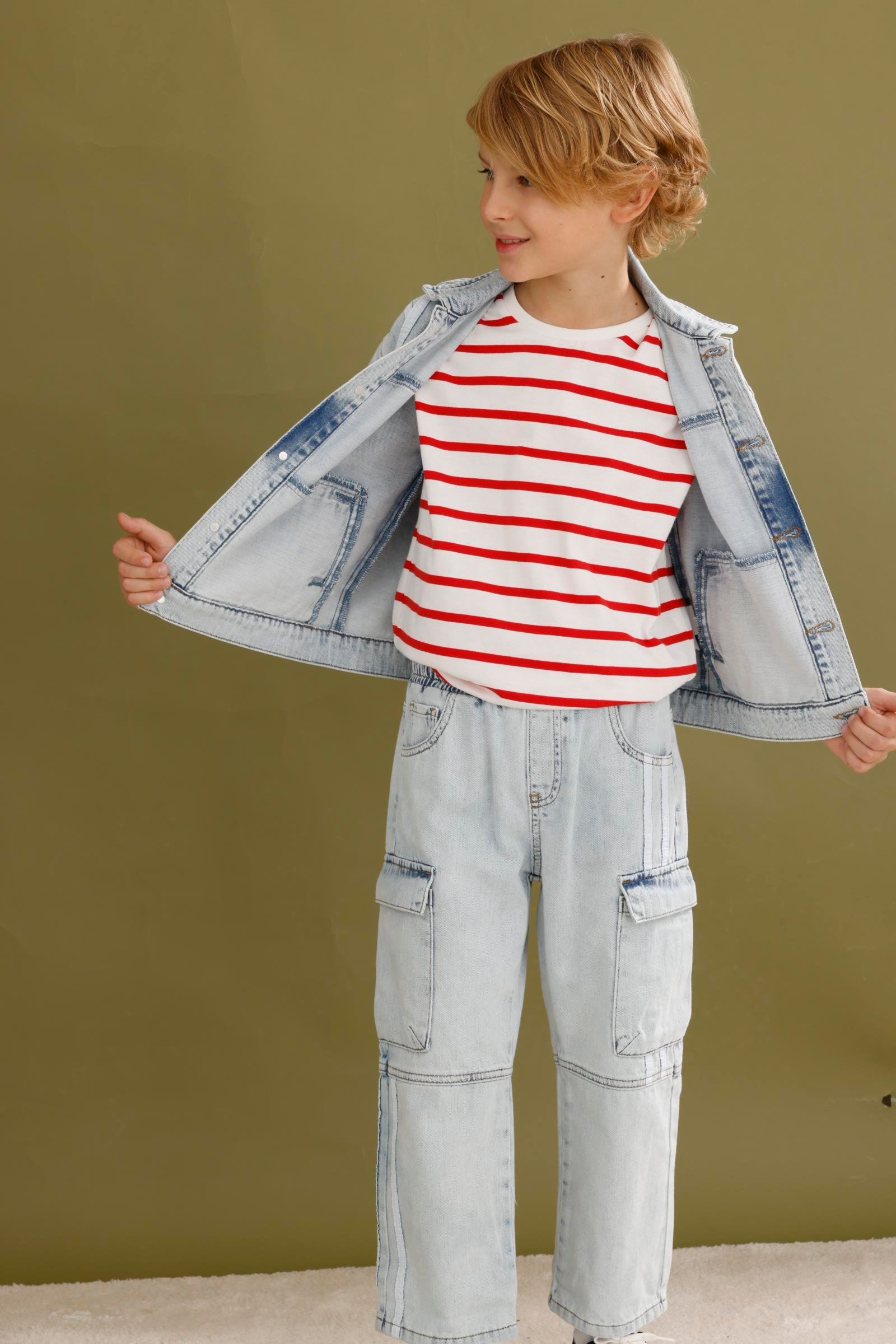 Şeritli Erkek 2'li Kot Takım - Mavi