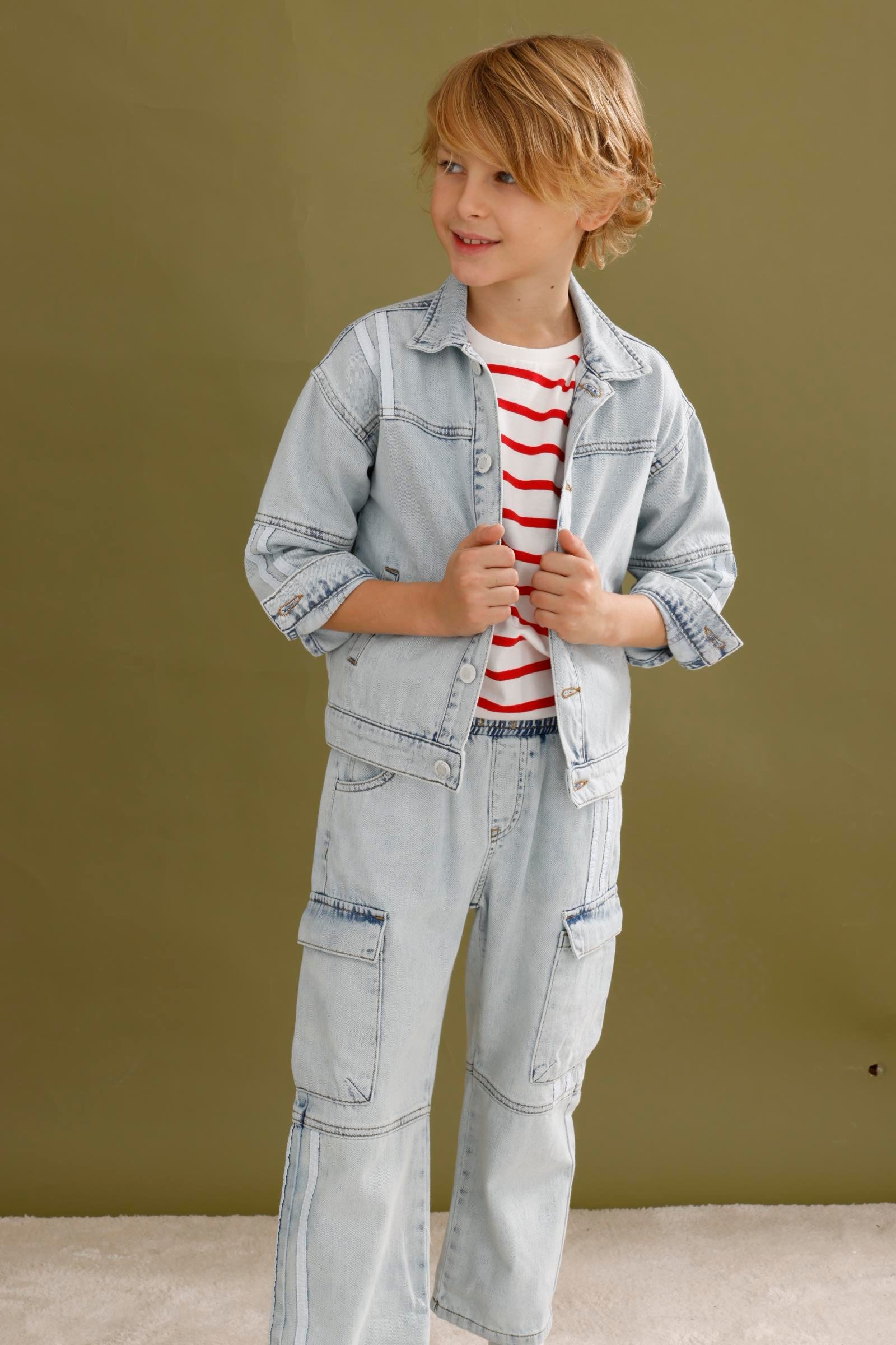 Şeritli Kot Erkek 2Li Takım - Mavi