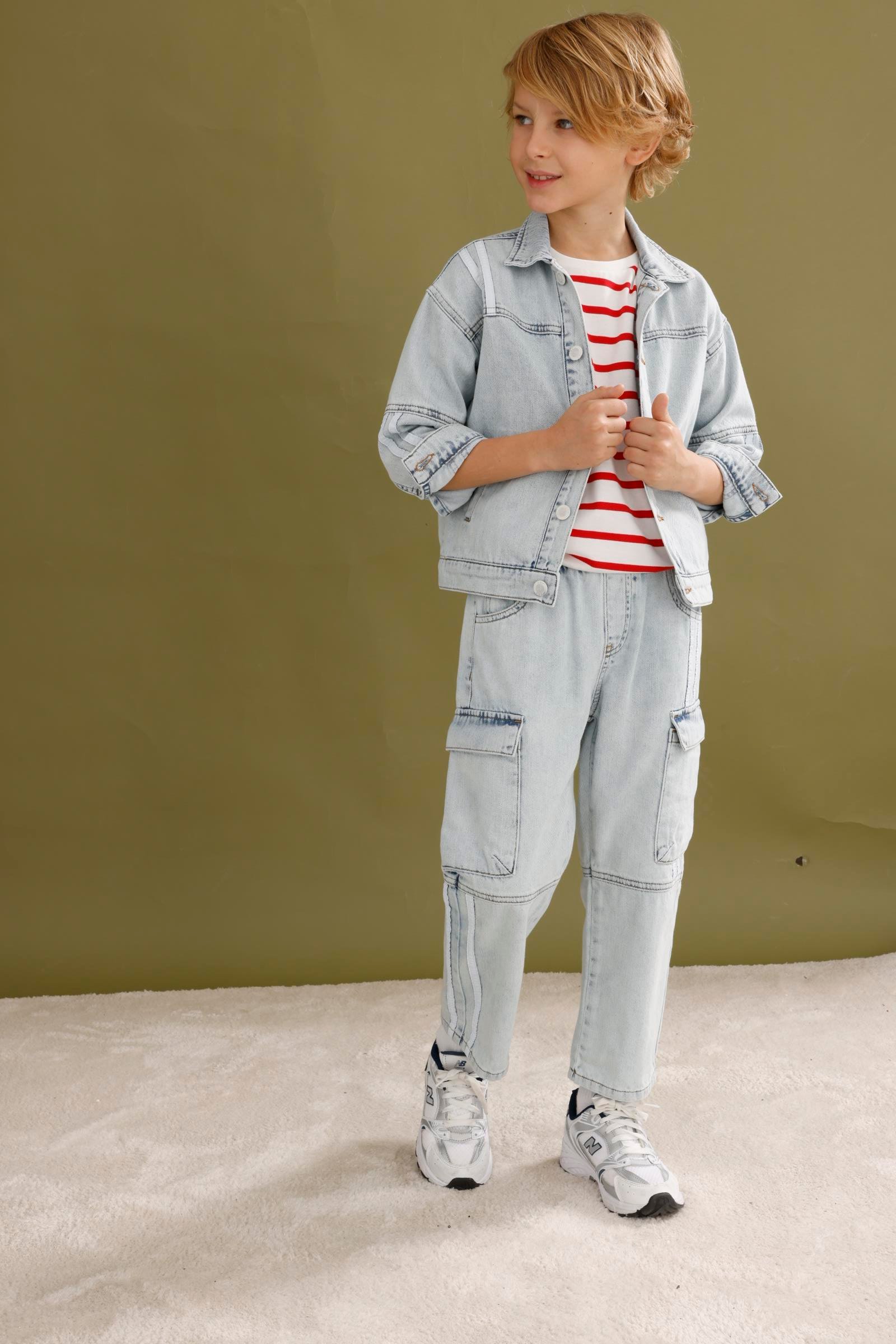 Şeritli Kot Erkek 2Li Takım - Mavi