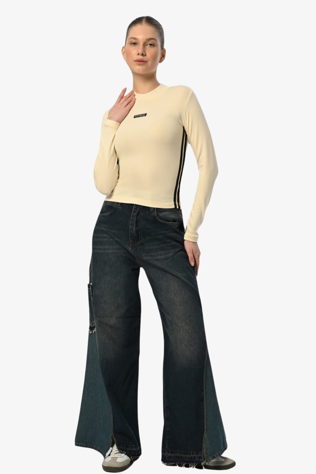 Şeritli Krop Bluz - Ekru