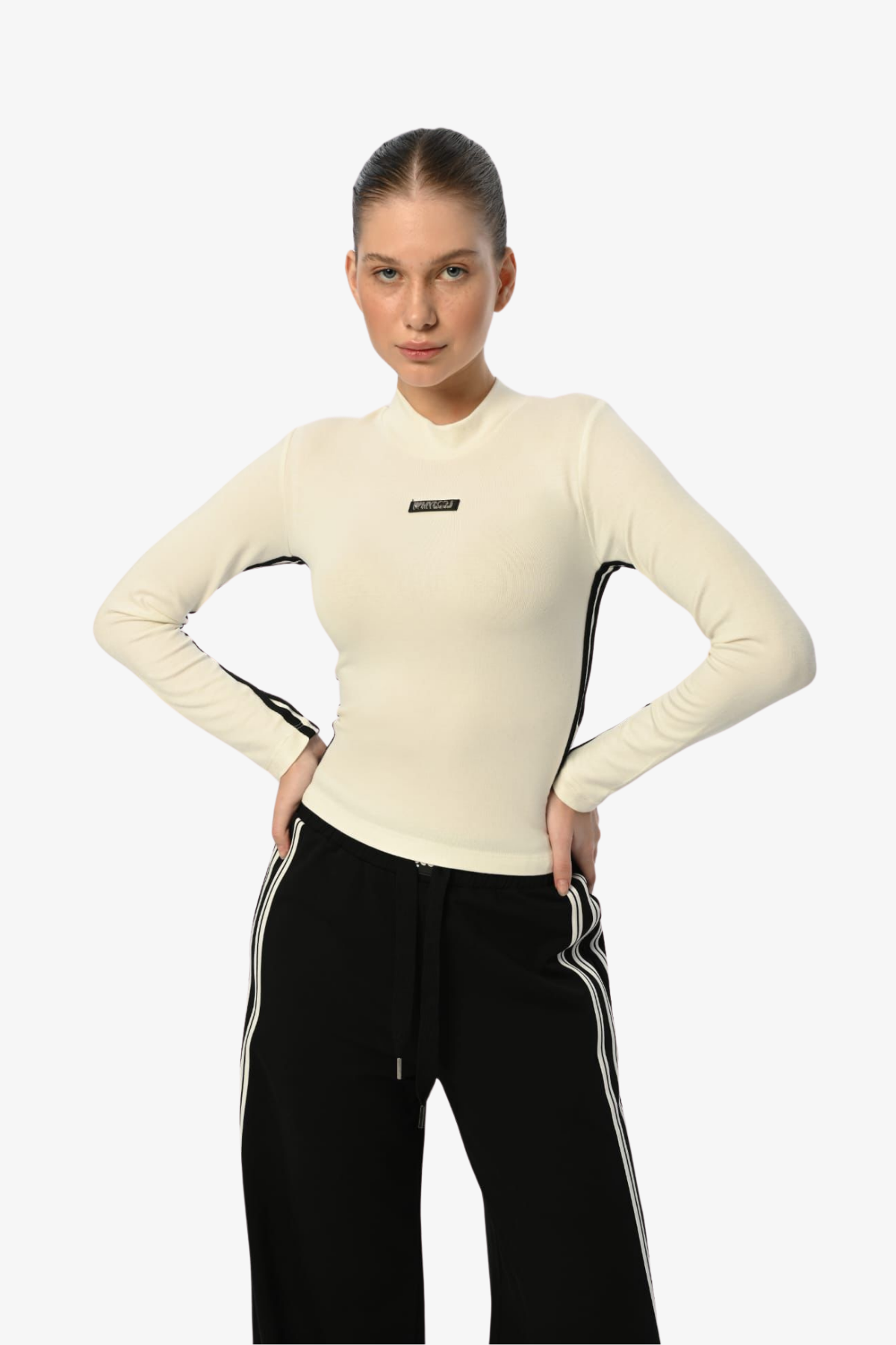 Şeritli Krop Bluz - Ekru