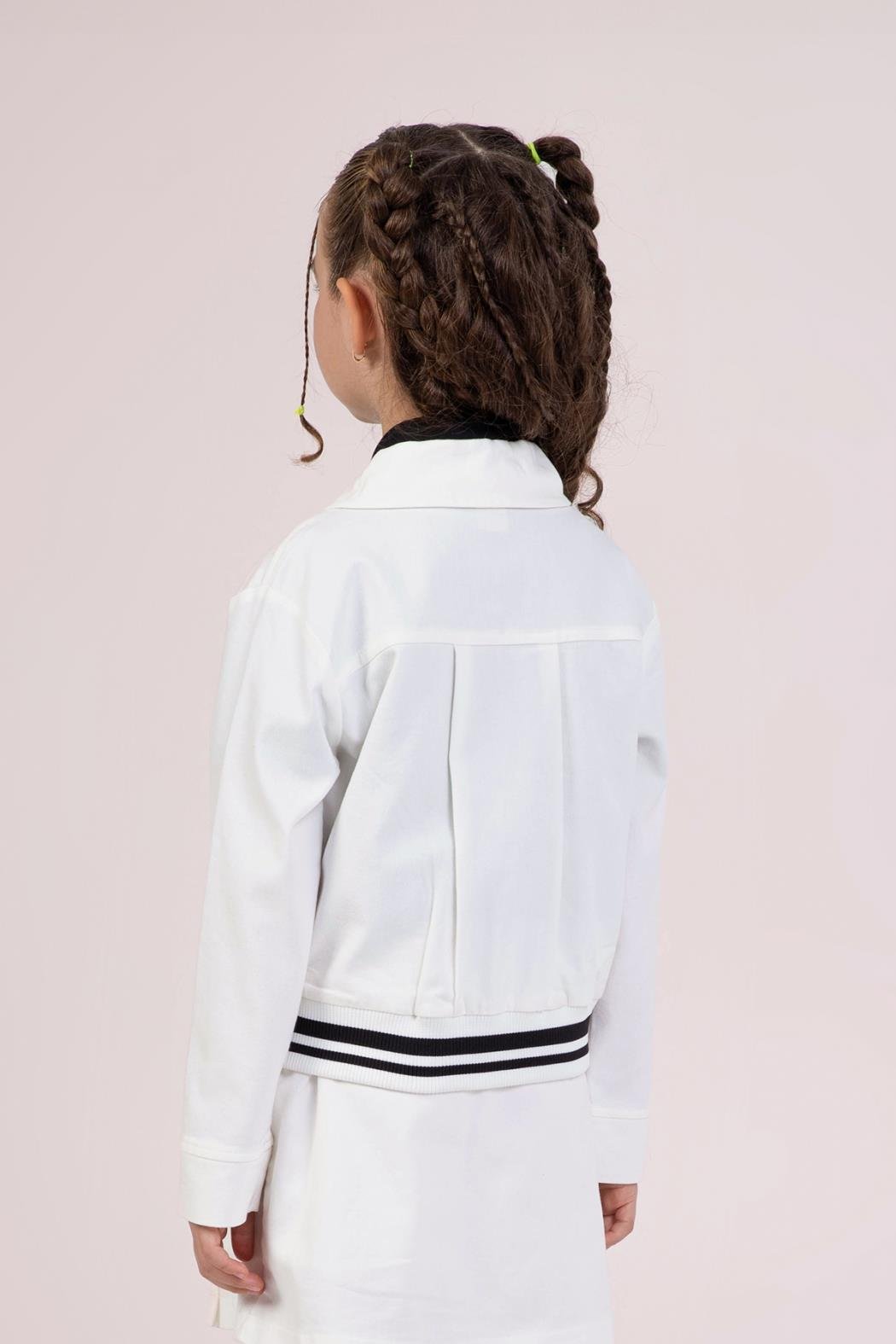 Siyah Şeritli Kız Ceket - Ekru