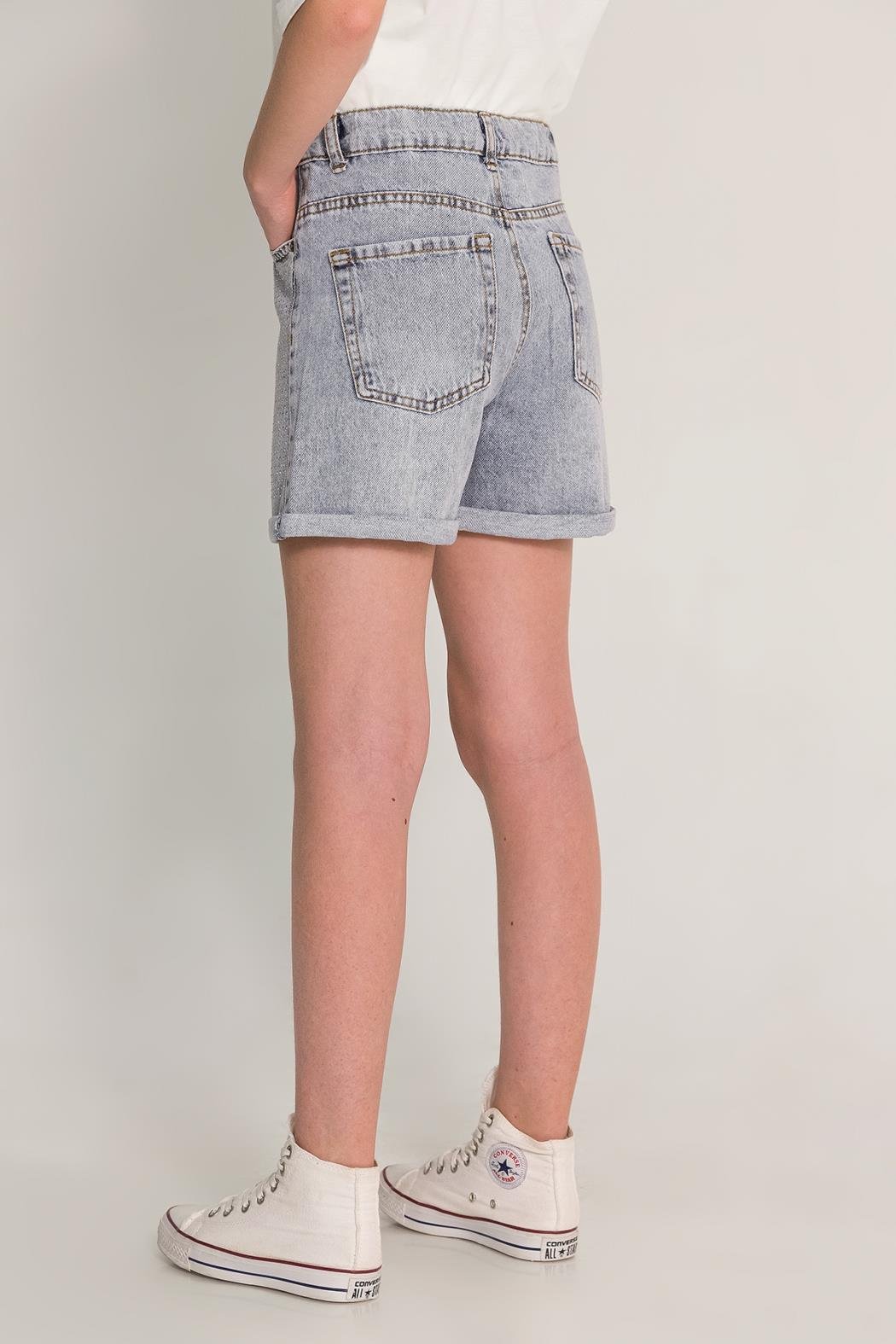 Taşlı Kız Kot Şort - Mavi