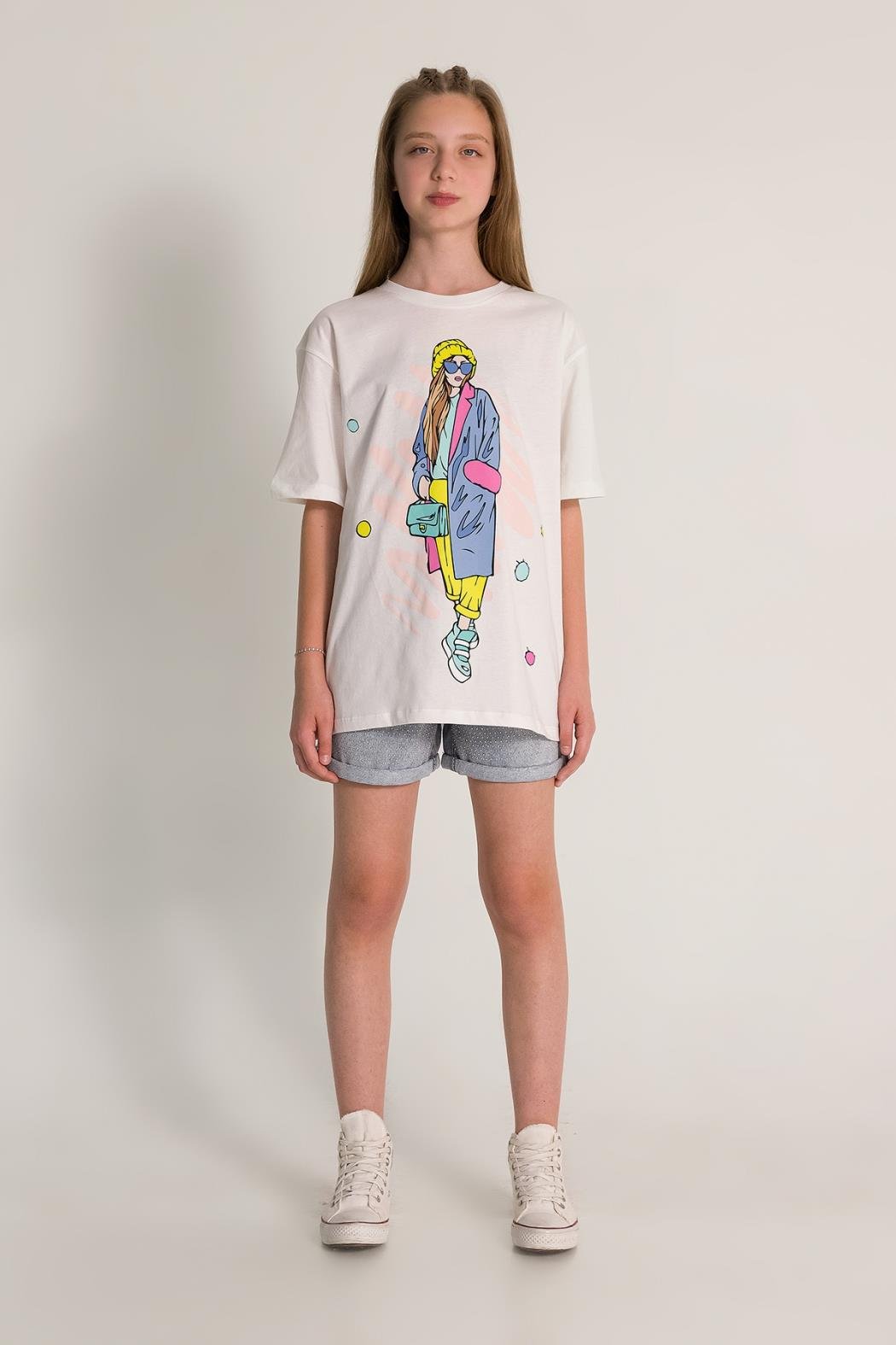 Taşlı Kız Kot Şort - Mavi