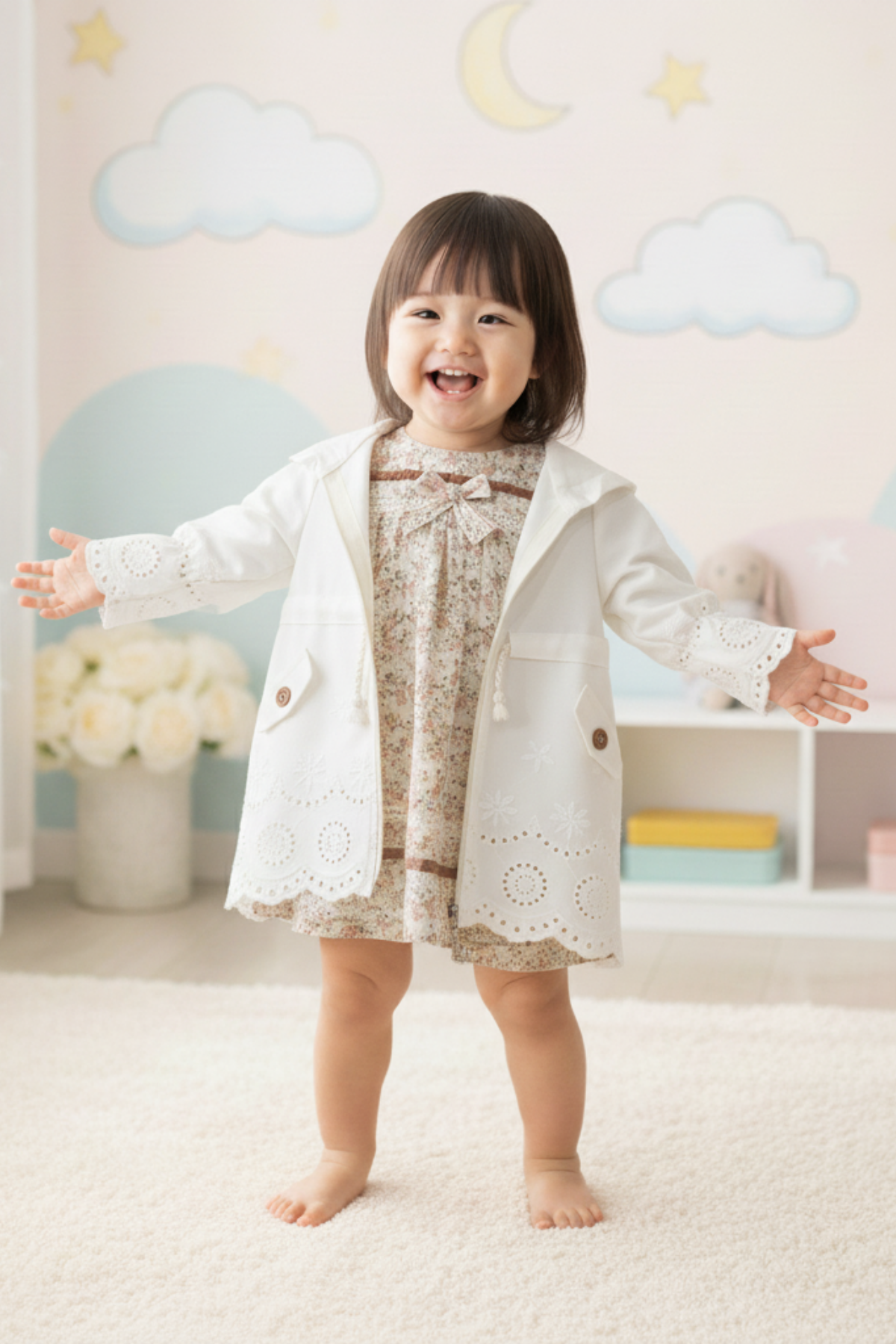Trençli Bebe Elbiseli Set - Krem