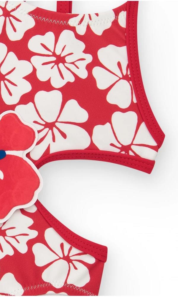 TUC TUC Yakası Çiçek Kabartmalı Kız Mayo - Kırmızı