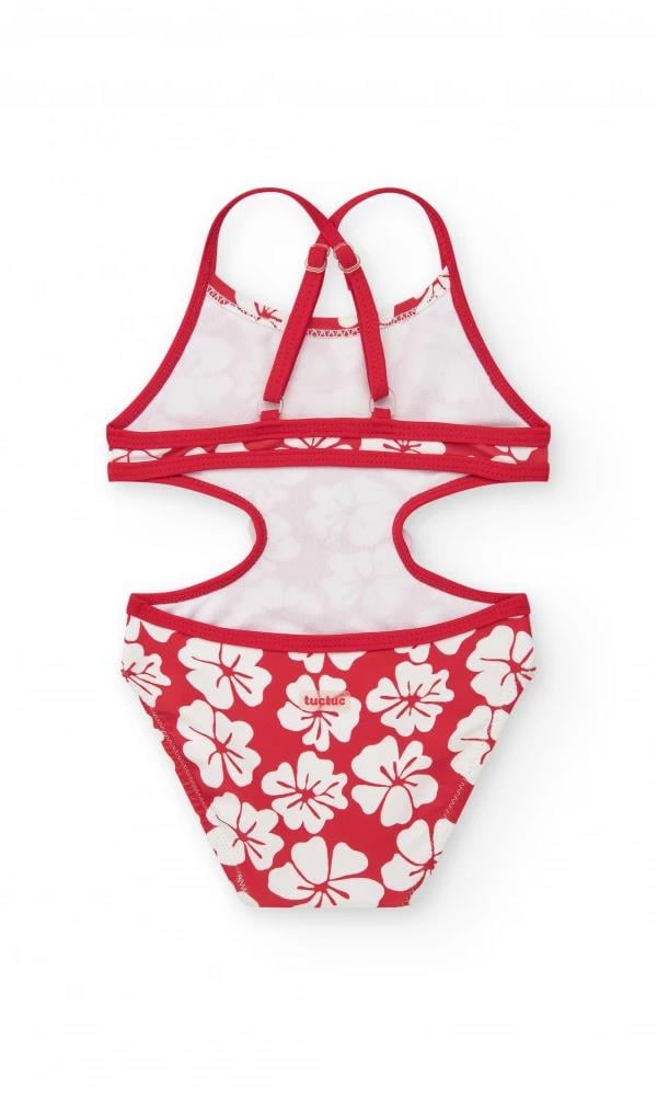 TUC TUC Yakası Çiçek Kabartmalı Kız Mayo - Kırmızı