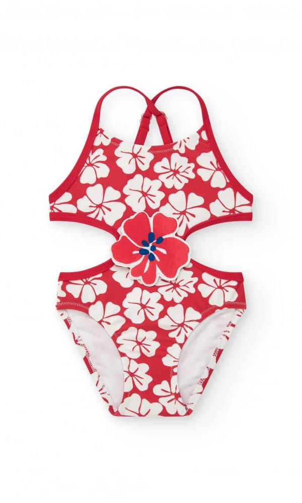 TUC TUC Yakası Çiçek Kabartmalı Kız Mayo - Kırmızı