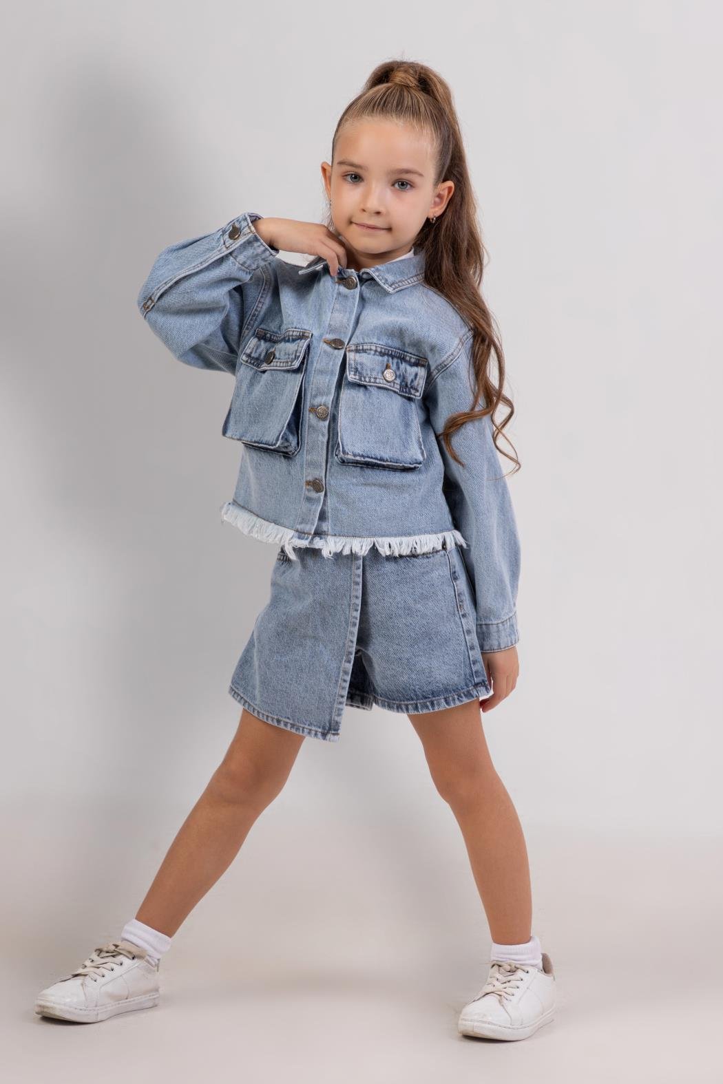Uçları Püsküllü Kız Kot Ceket - Mavi