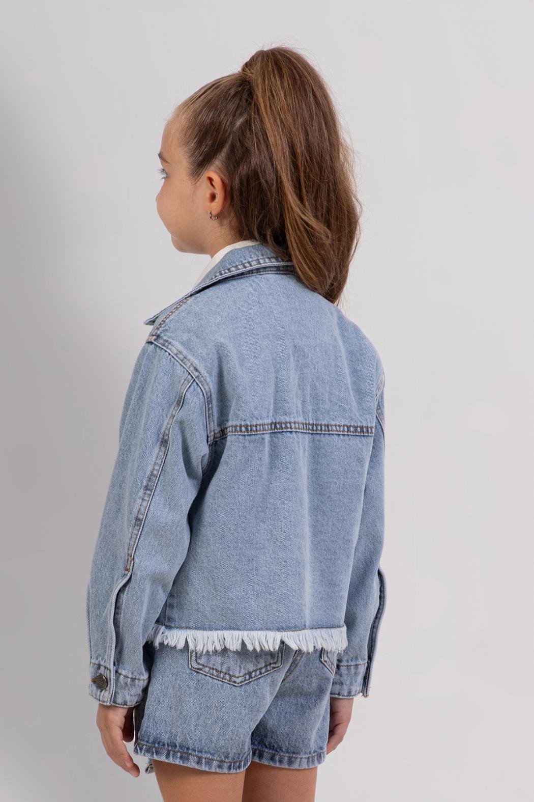 Uçları Püsküllü Kız Kot Ceket - Mavi
