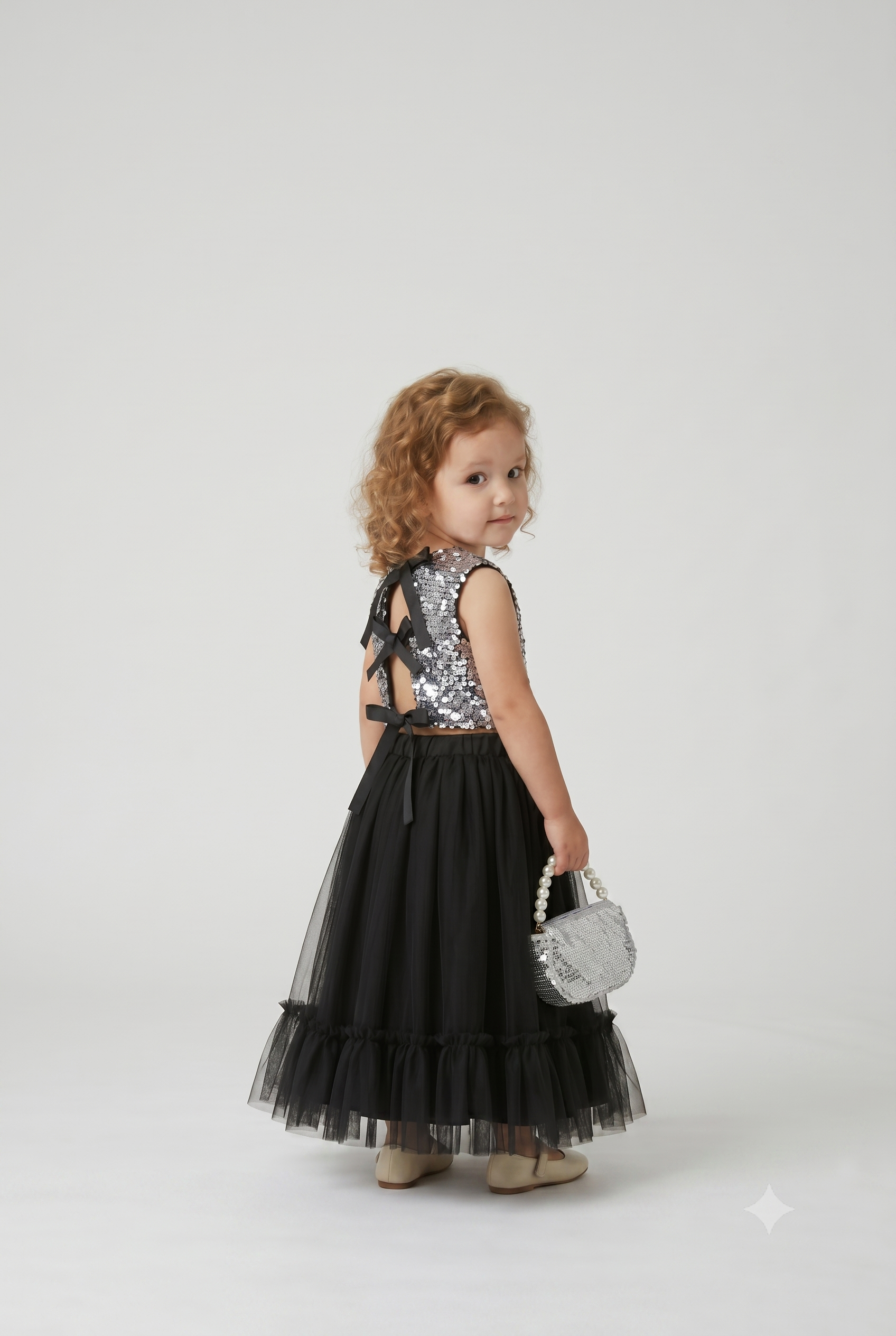 Üstü Pullu Arkası Fiyonk Detaylı  Kız Takım - Füme