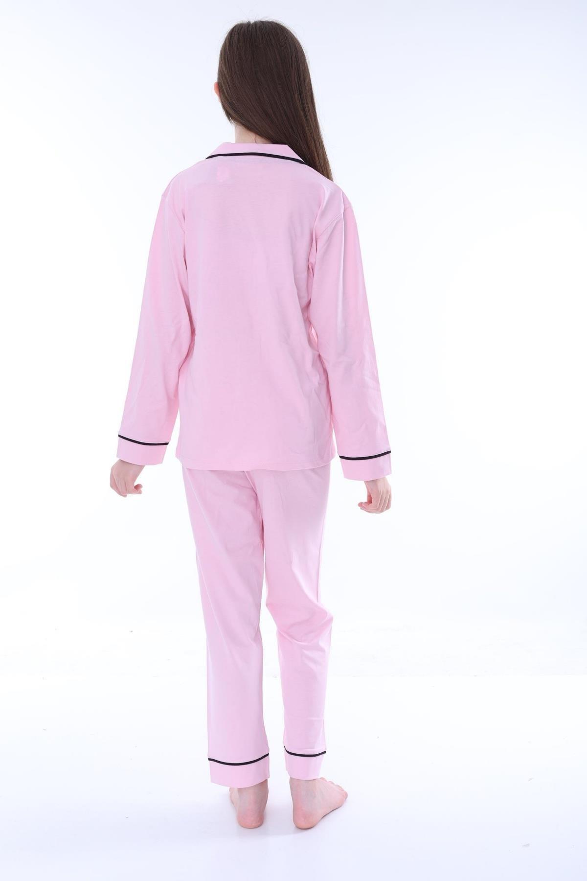 Yakası Biyeli Kız Pijama Takımı - Pembe