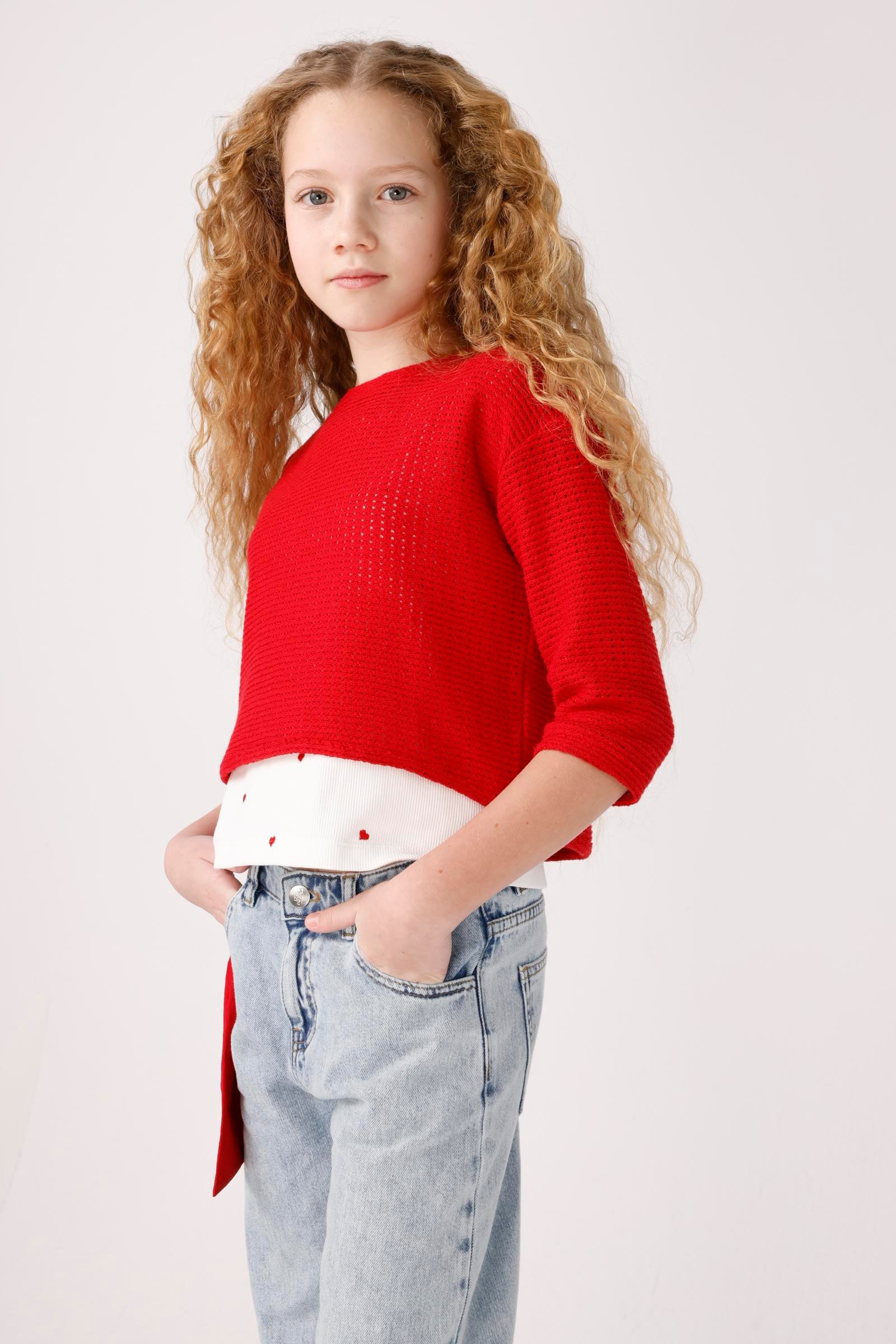 Yazlık Triko Kız Bluz - Kırmızı